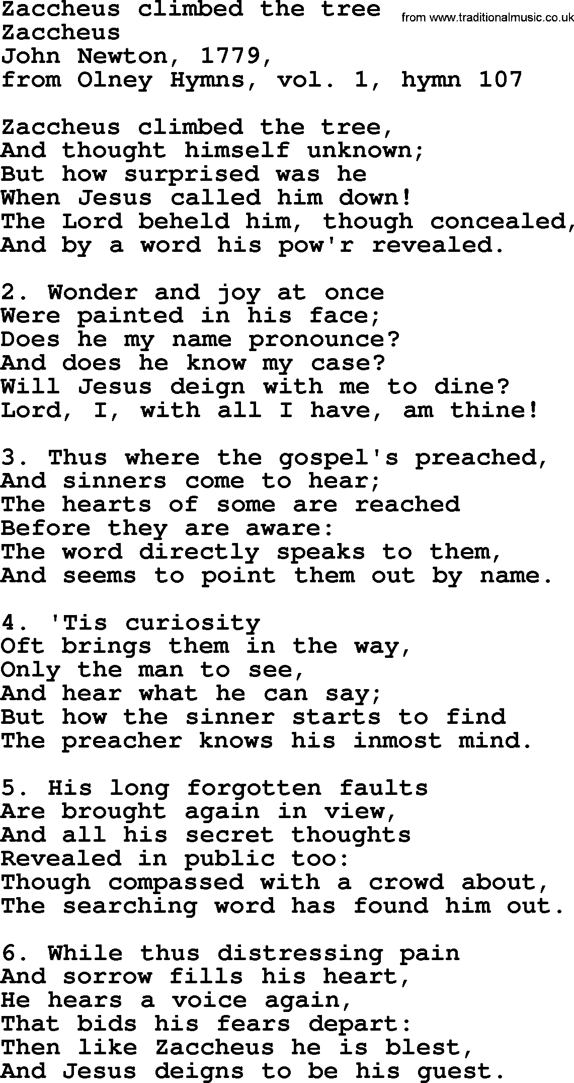 John Newton hymn: Zaccheus Climbed The Tree, lyrics