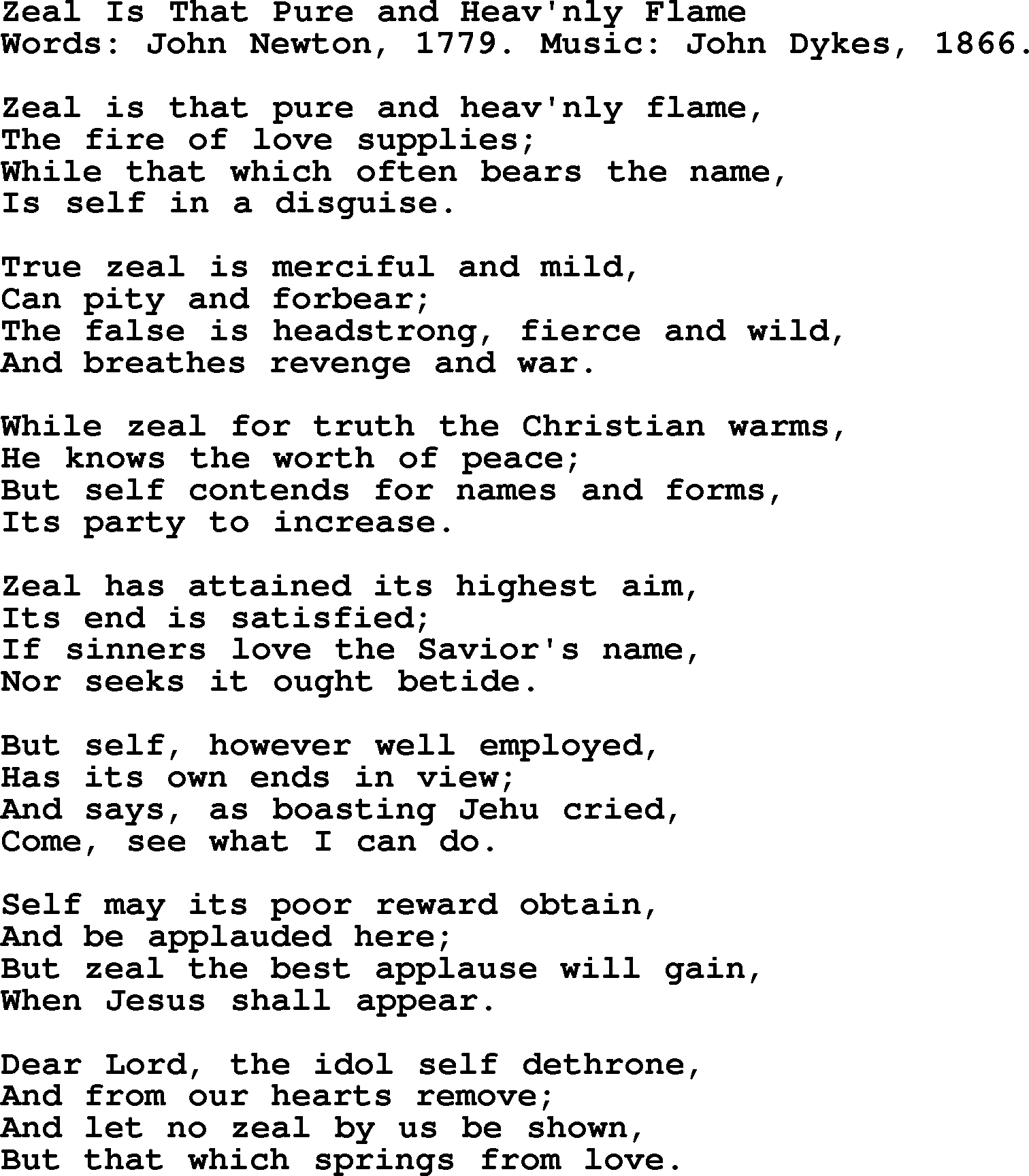 John Newton hymn: Zeal Is That Pure And Heav'nly Flame, lyrics