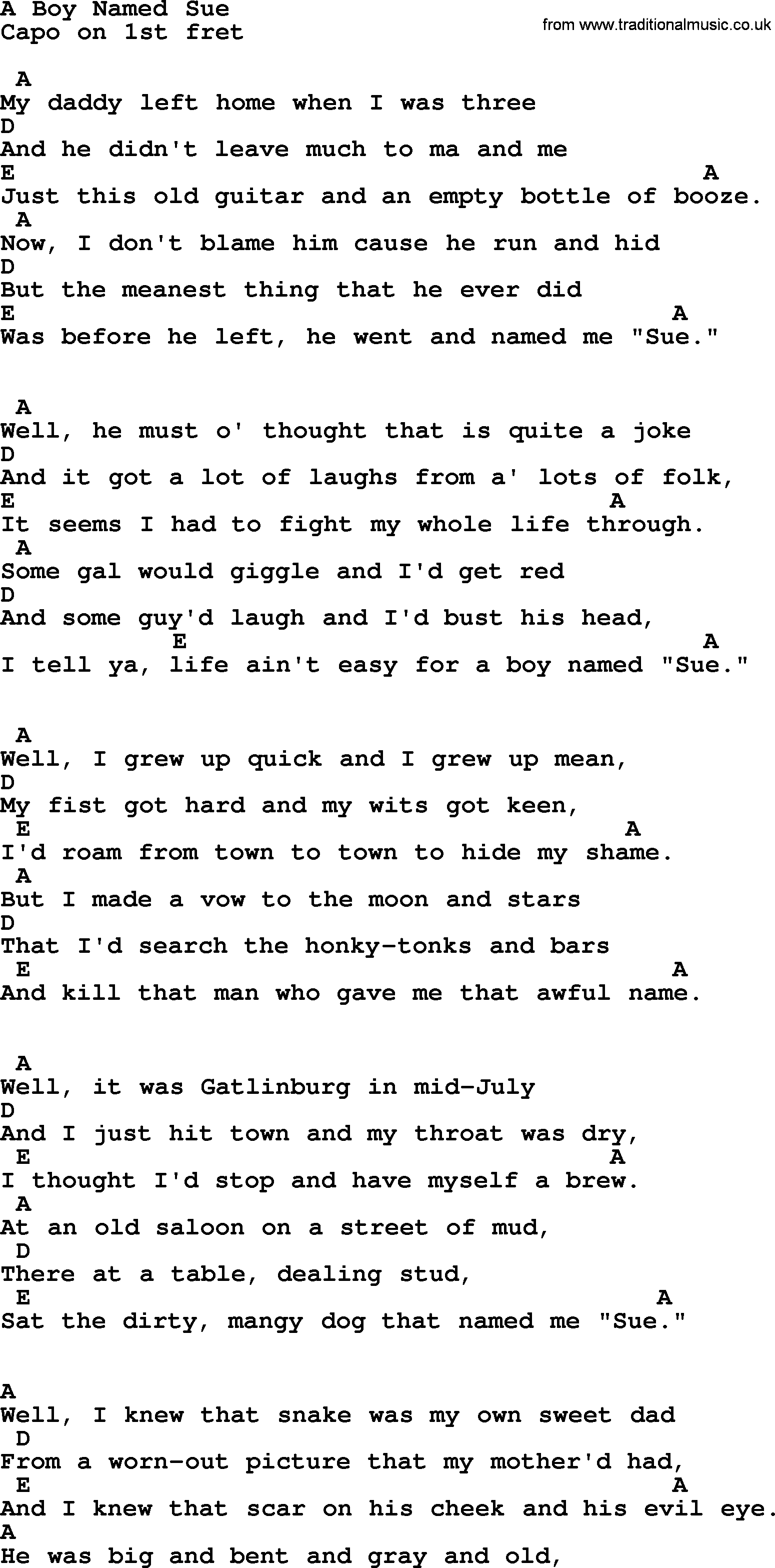 Johnny Cash song A Boy Named Sue, lyrics and chords
