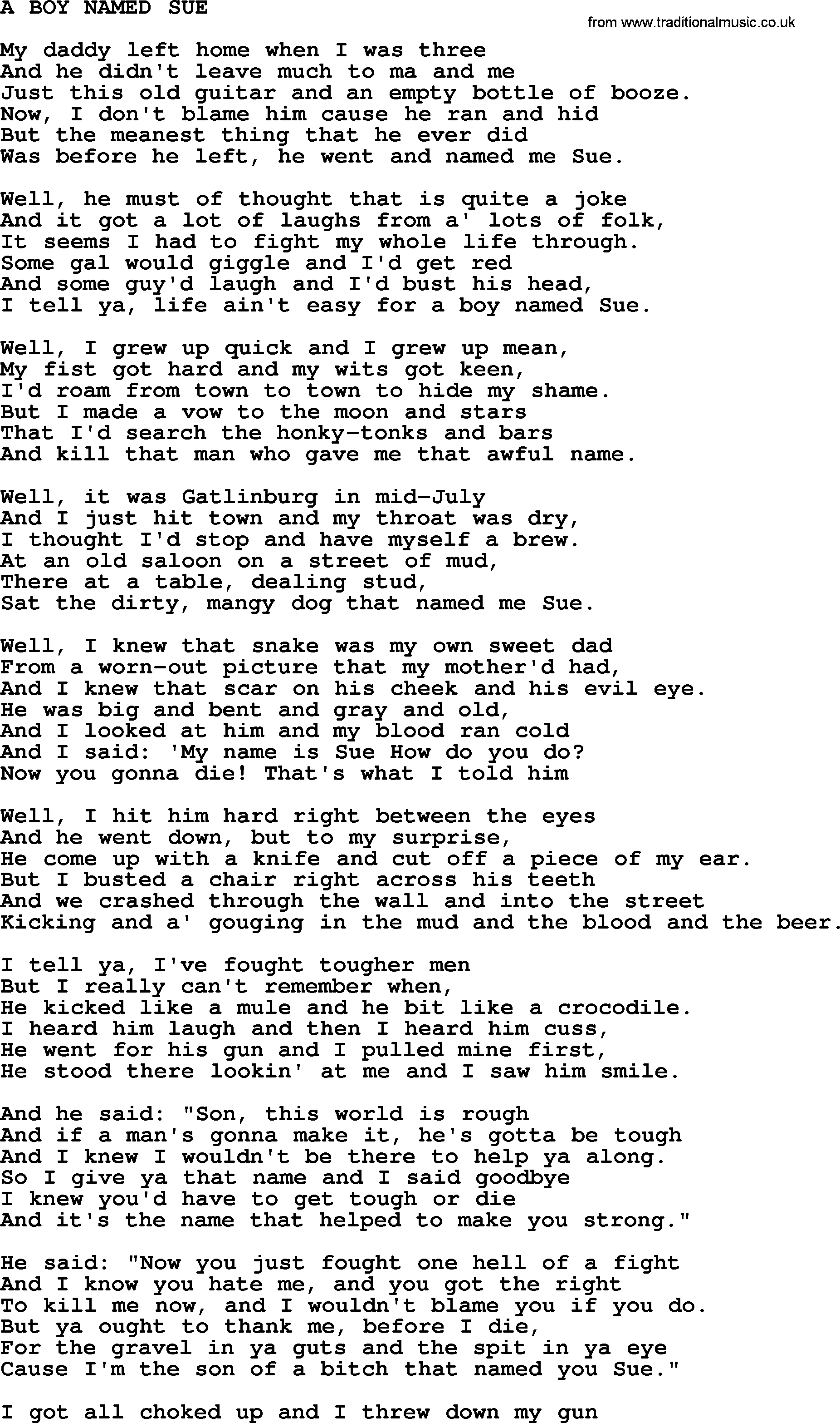 Johnny Cash song A Boy Named Sue.txt lyrics