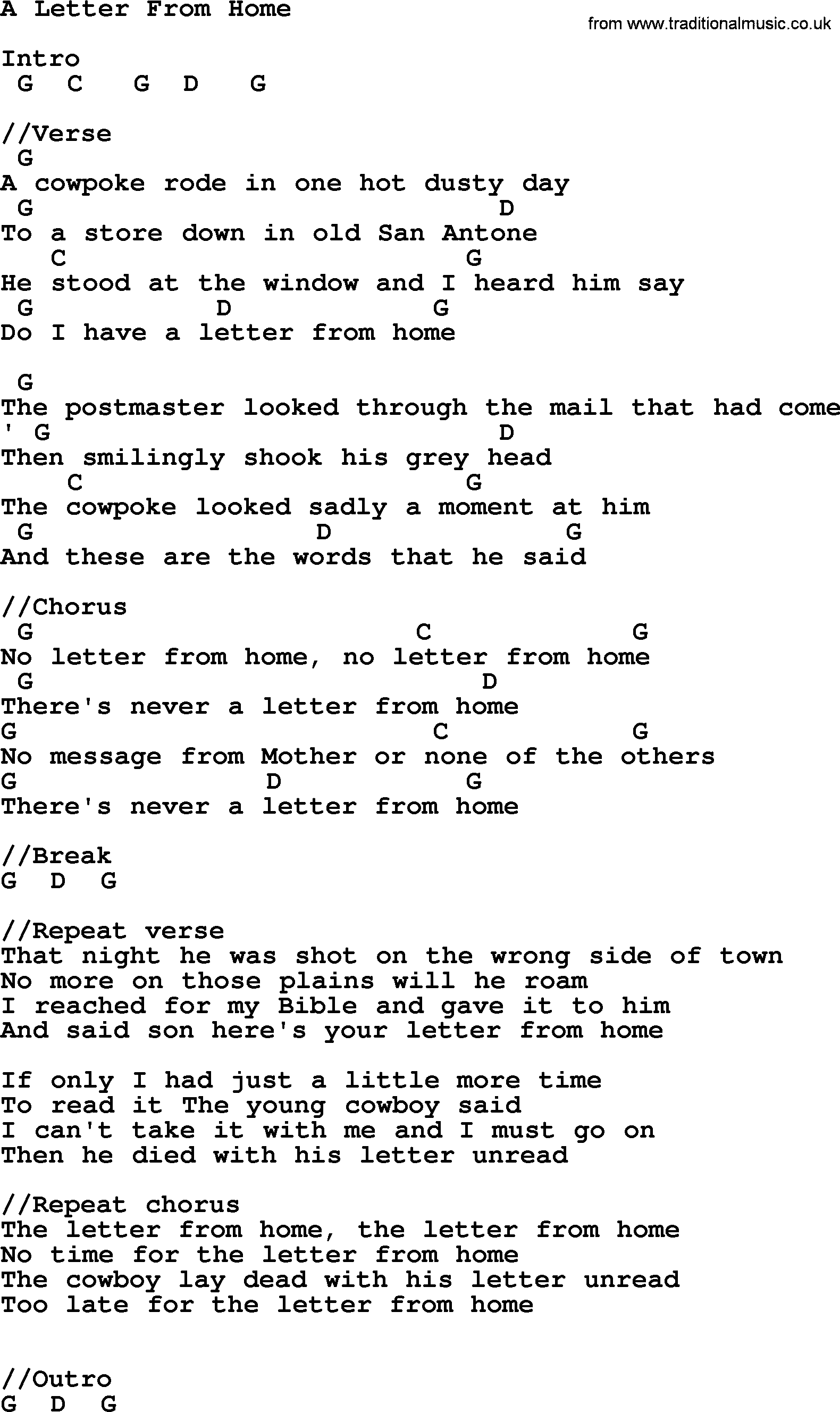 Johnny Cash song A Letter From Home, lyrics and chords