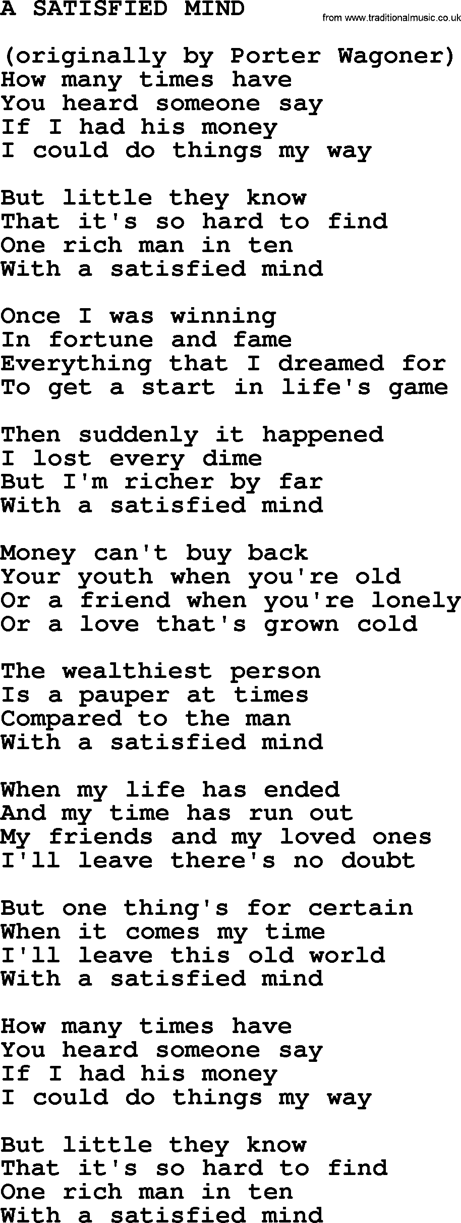 Johnny Cash song A Satisfied Mind.txt lyrics