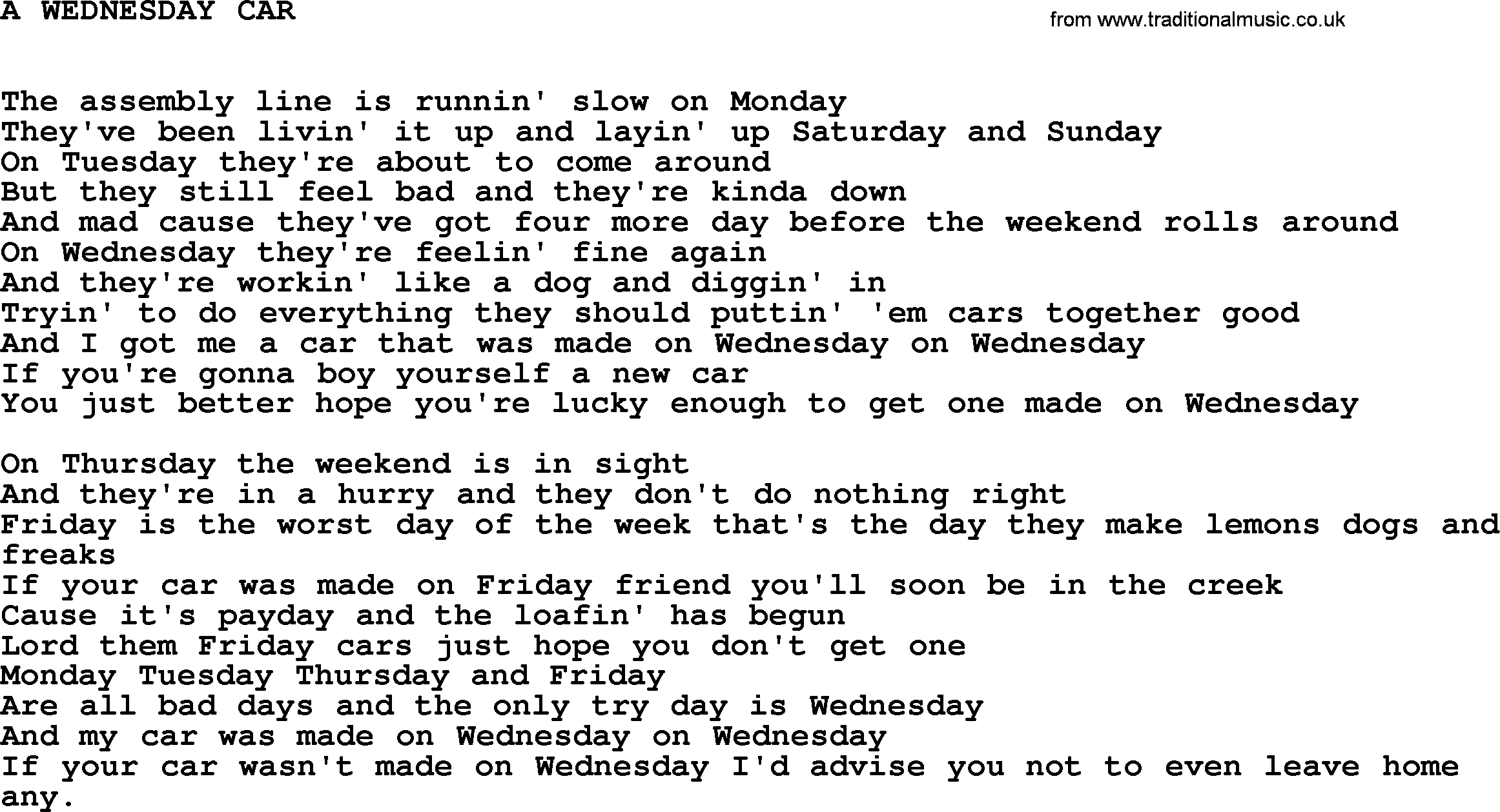 Johnny Cash song A Wednesday Car.txt lyrics