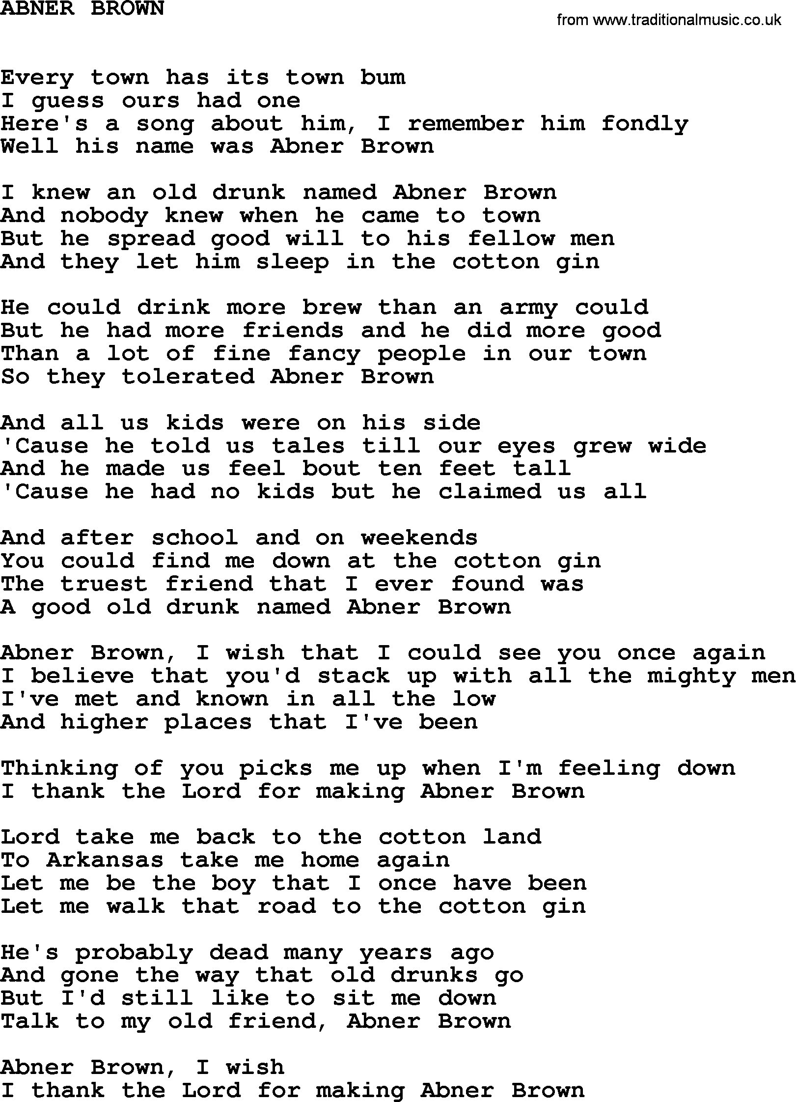 Johnny Cash song Abner Brown.txt lyrics
