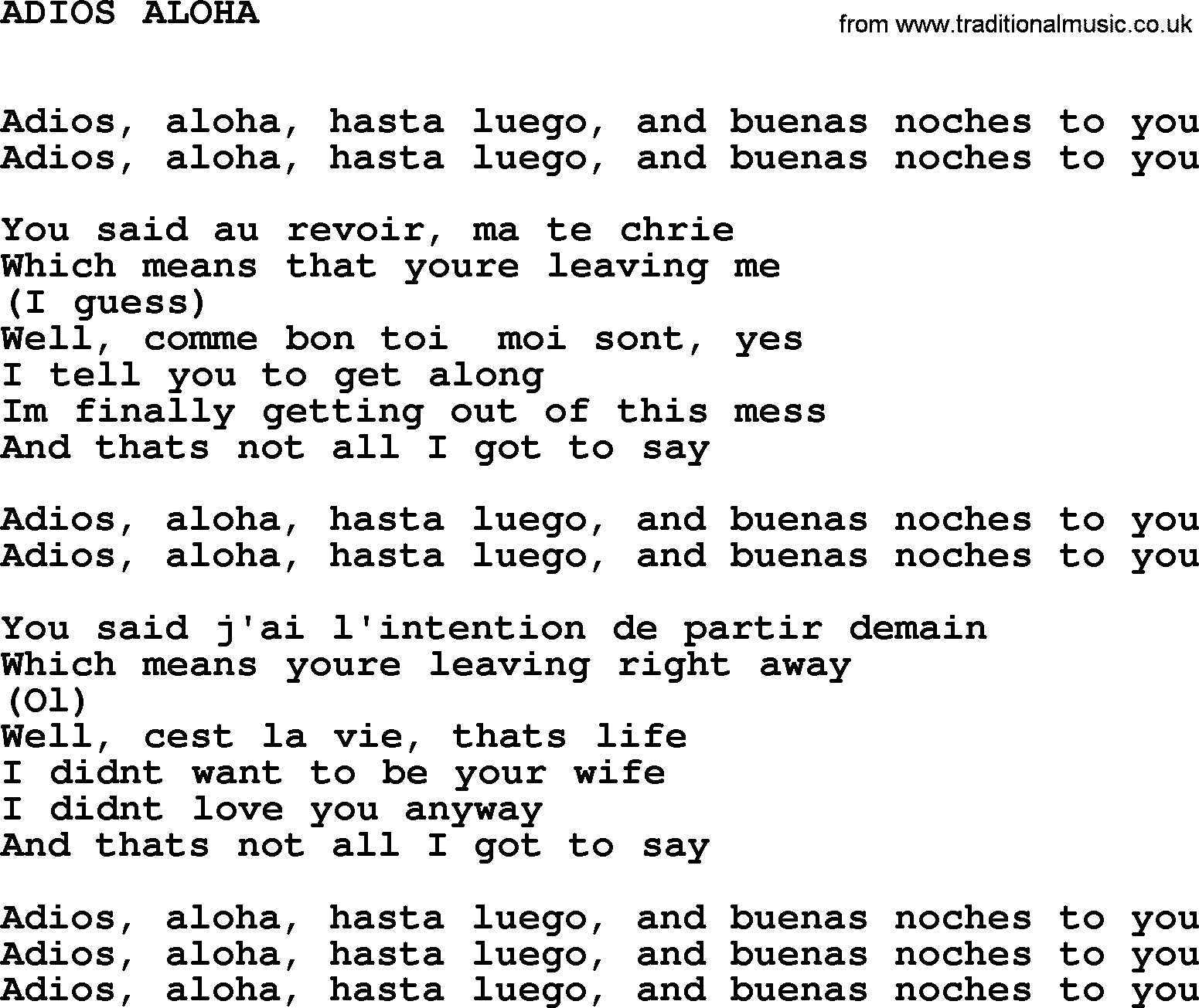 Johnny Cash song Adios Aloha.txt lyrics