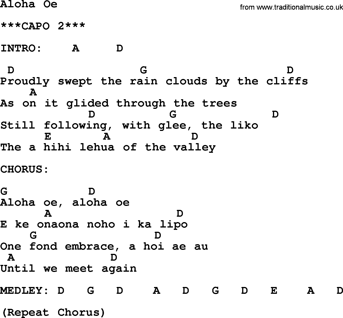 Johnny Cash song Aloha Oe, lyrics and chords