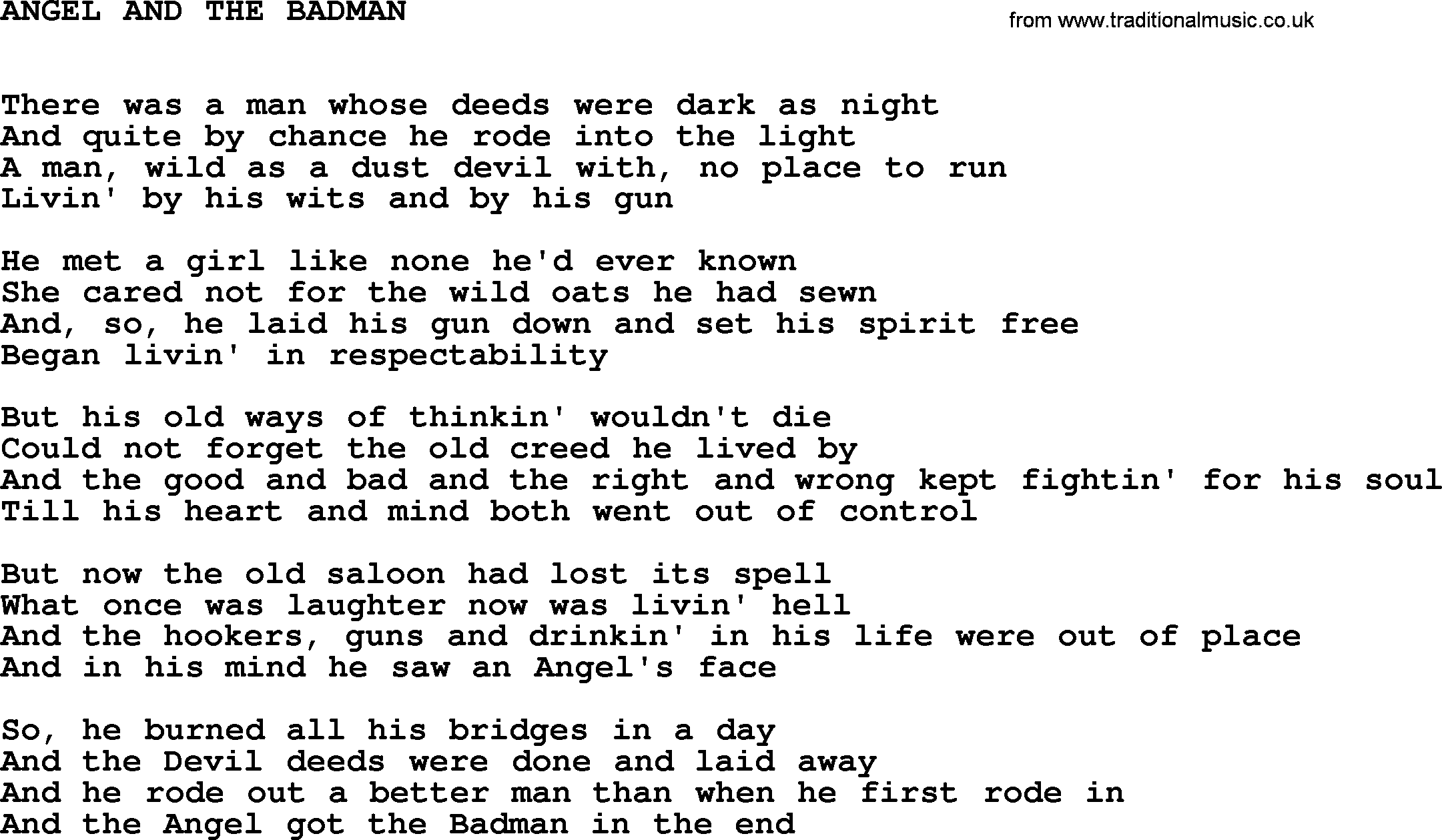 Johnny Cash song Angel And The Badman.txt lyrics