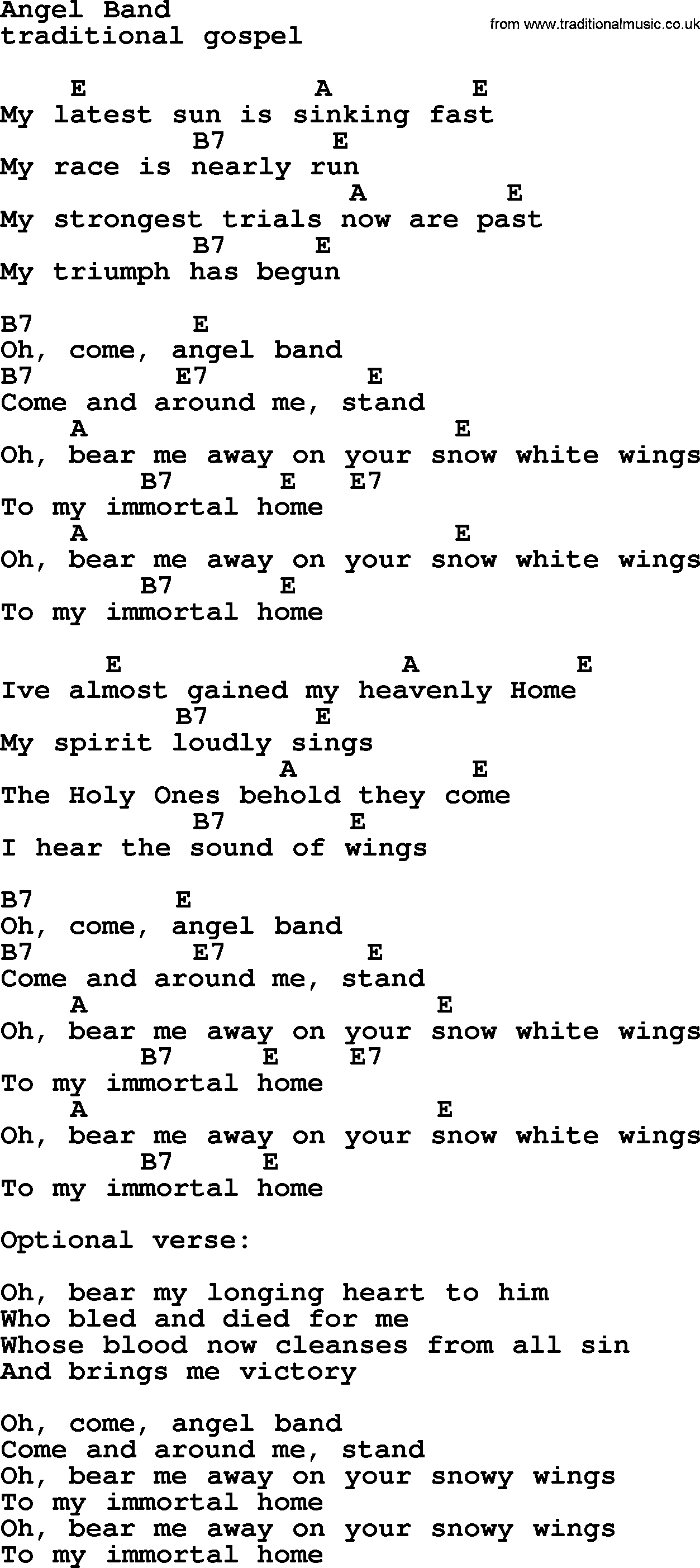 Johnny Cash song Angel Band, lyrics and chords