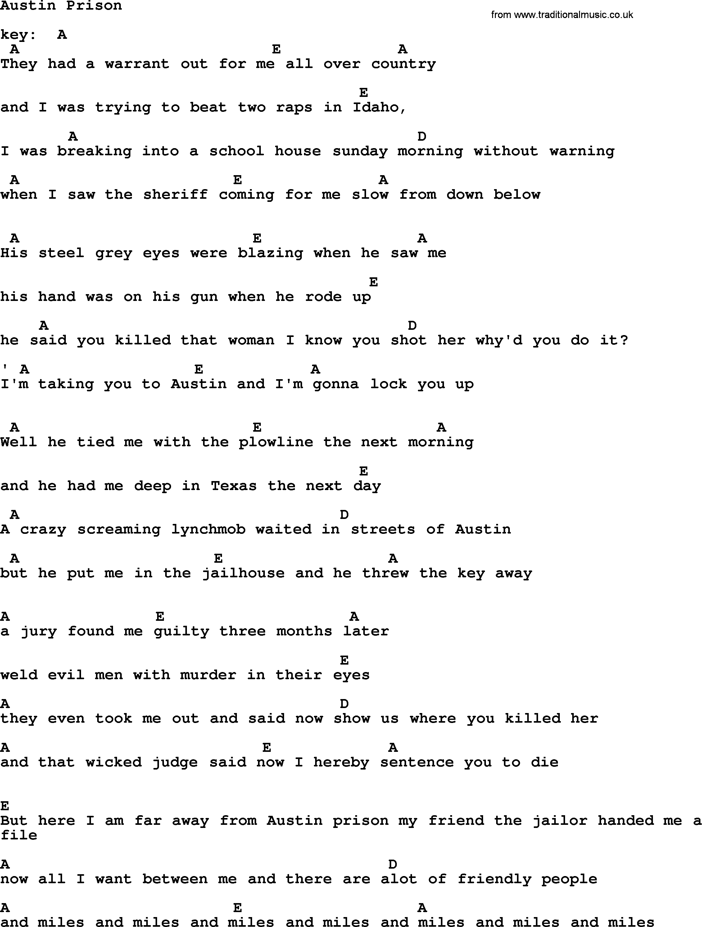 Johnny Cash song Austin Prison, lyrics and chords