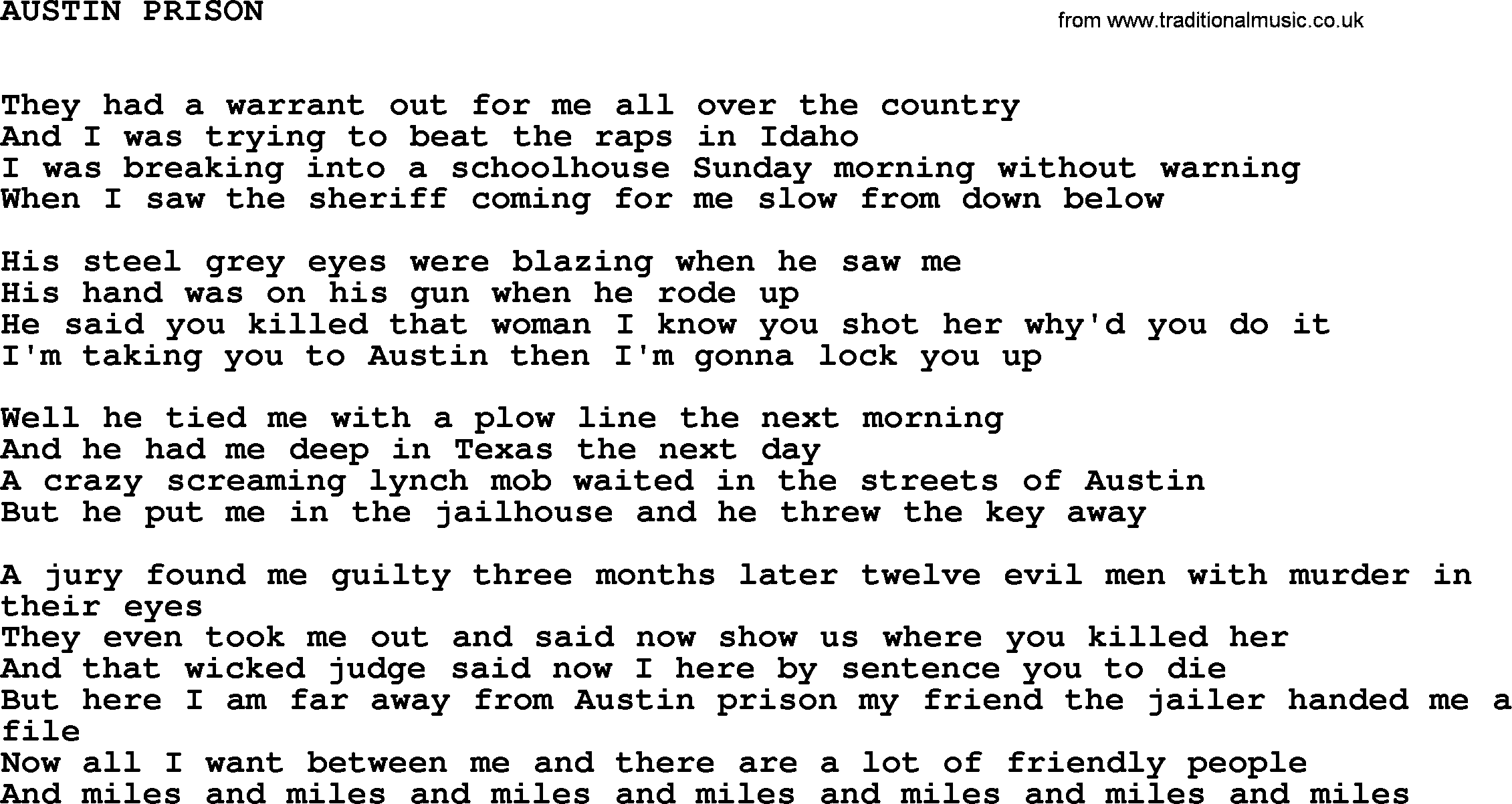 Johnny Cash song Austin Prison.txt lyrics