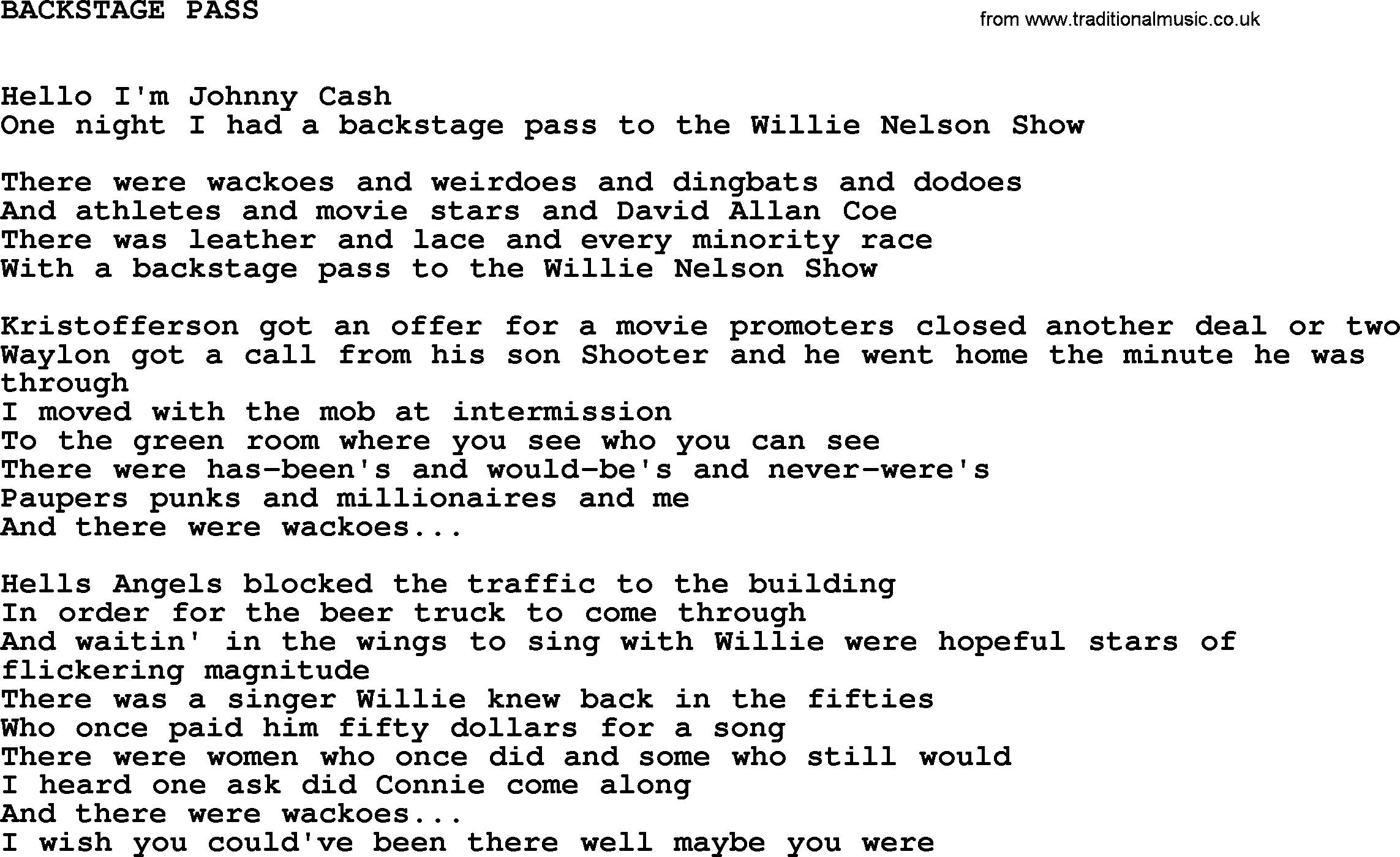 Johnny Cash song Backstage Pass.txt lyrics