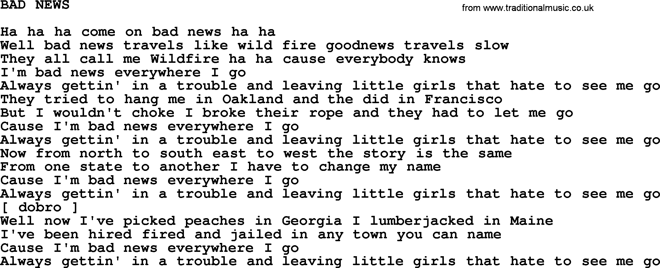 Johnny Cash song Bad News.txt lyrics