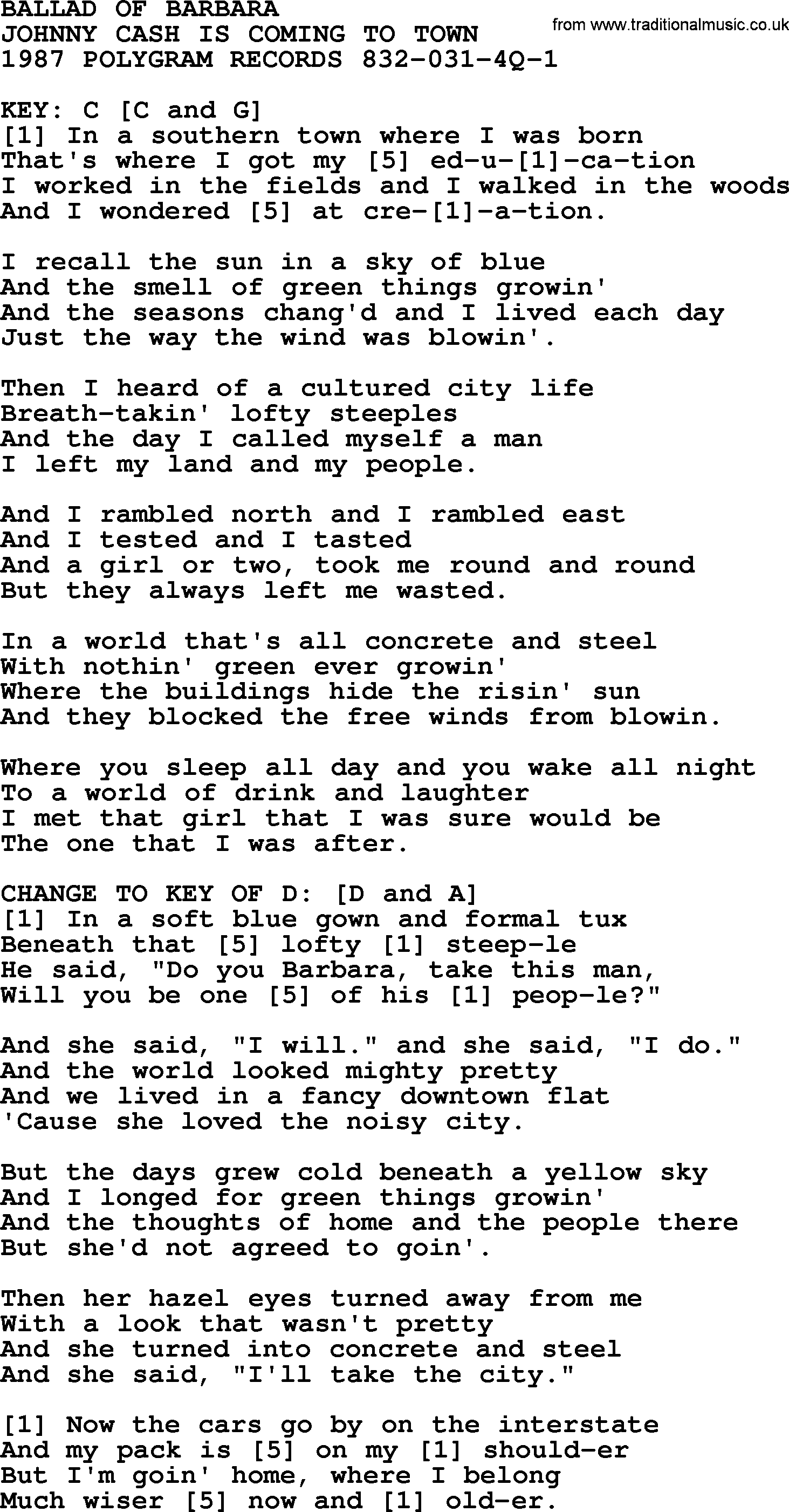 Johnny Cash song Ballad Of Barbara, lyrics and chords