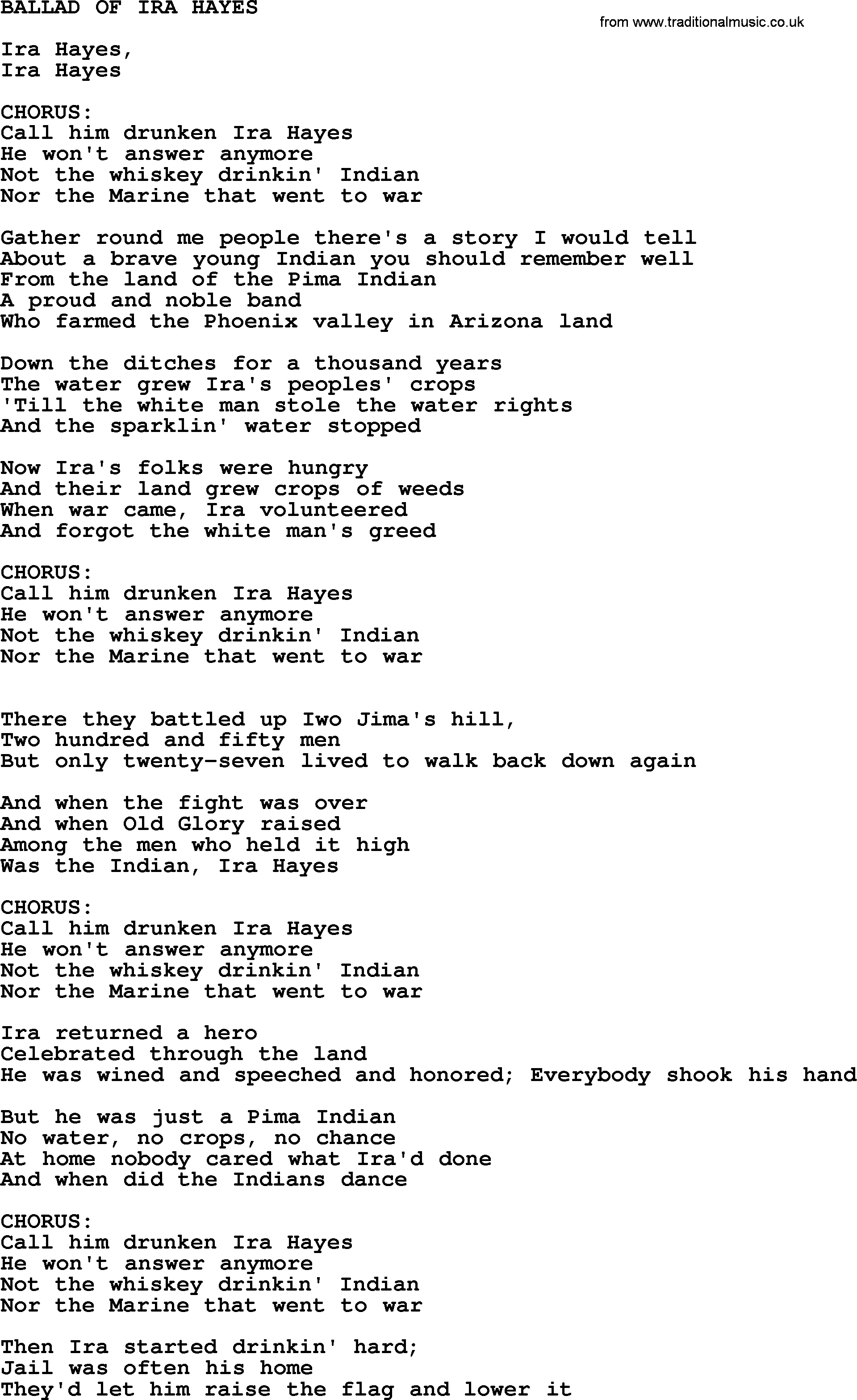Johnny Cash song Ballad Of Ira Hayes.txt lyrics