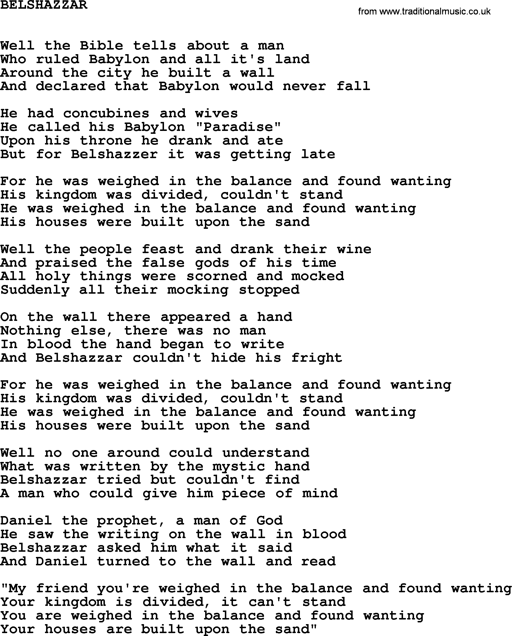Johnny Cash song Belshazzar.txt lyrics