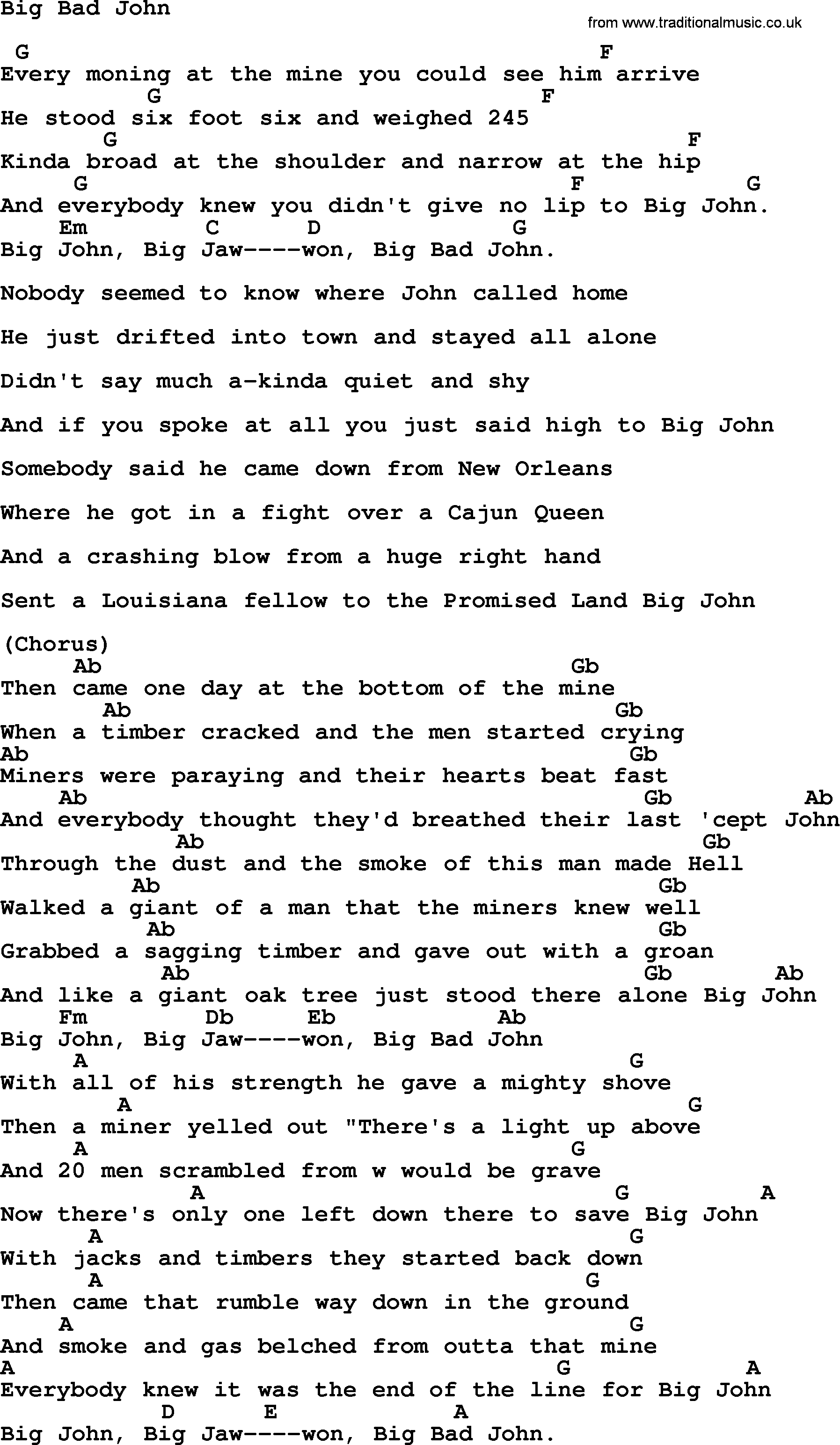 Johnny Cash song Big Bad John, lyrics and chords