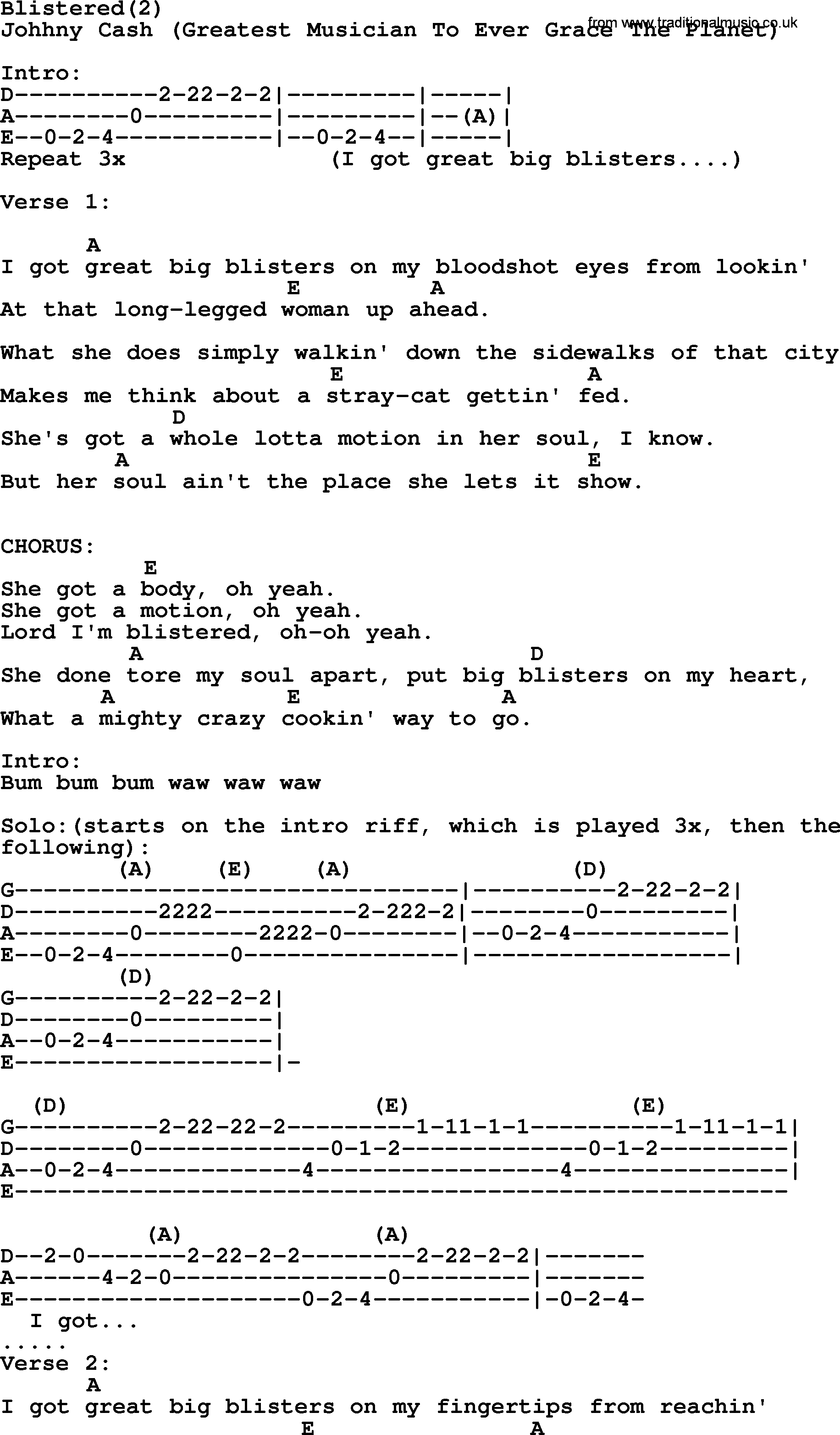 Johnny Cash song Blistered(2), lyrics and chords