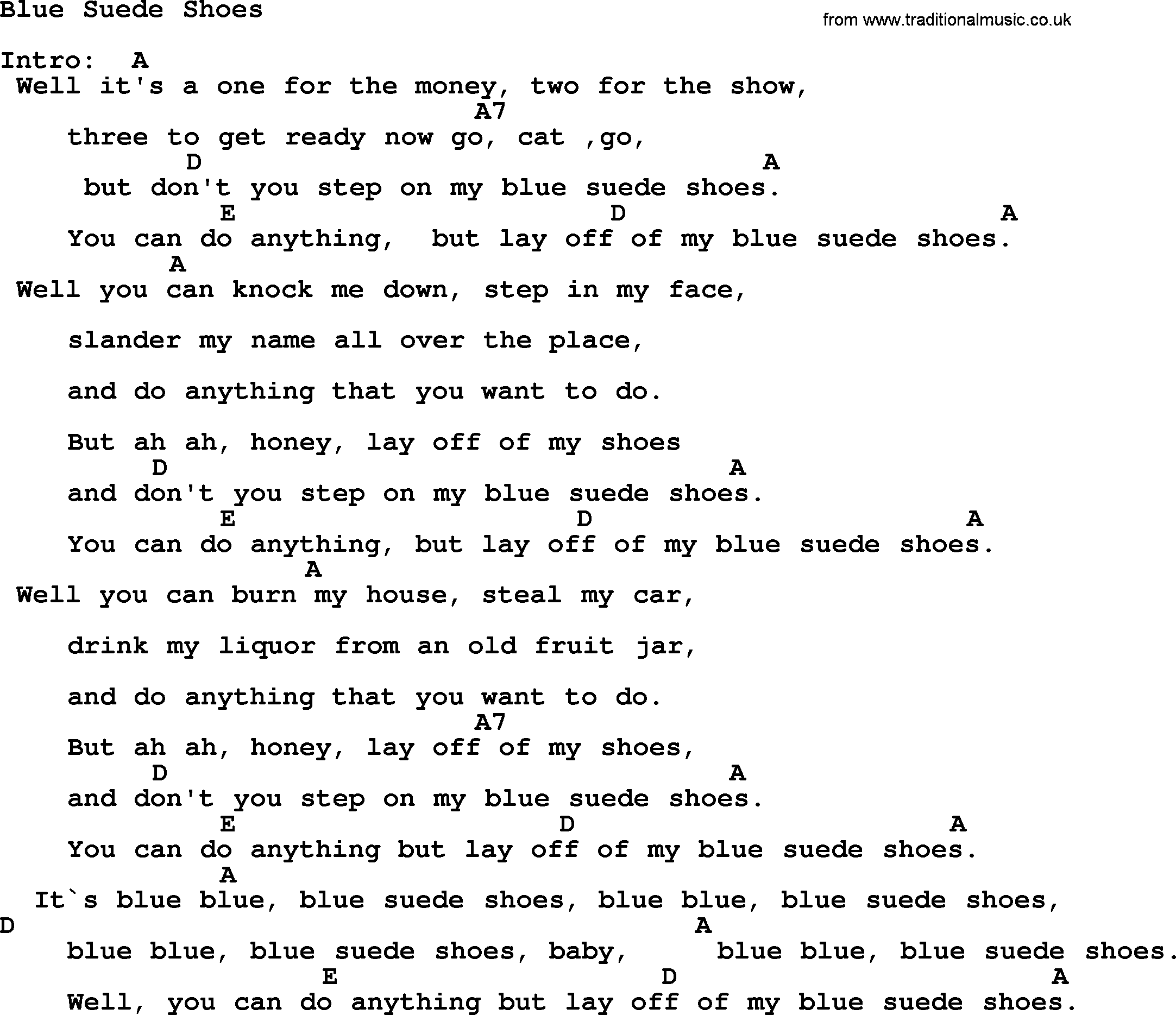 Johnny Cash song Blue Suede Shoes, lyrics and chords