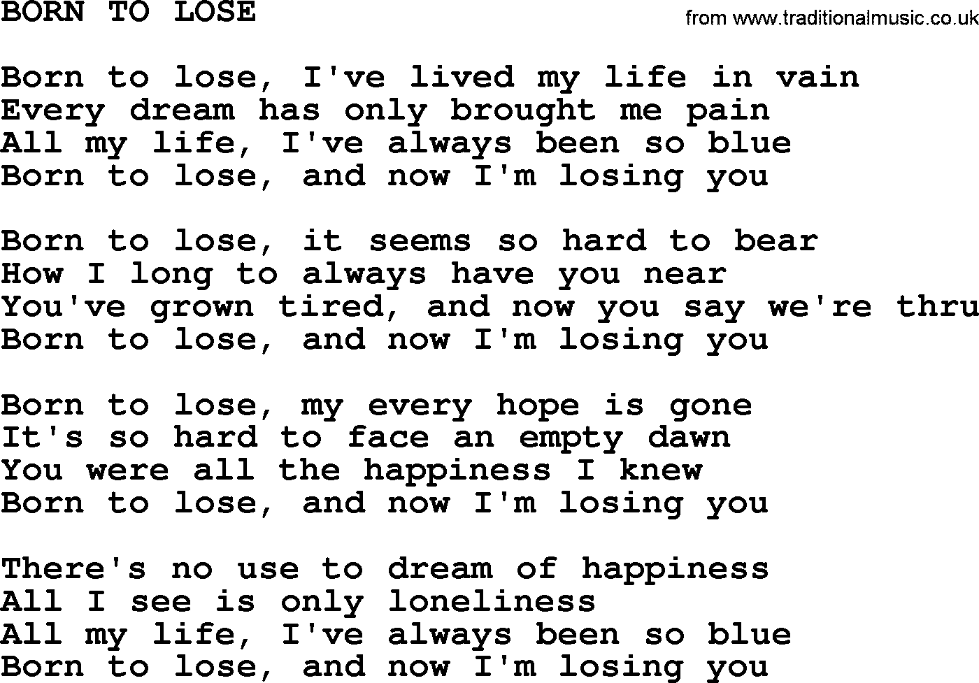 Johnny Cash song Born To Lose.txt lyrics