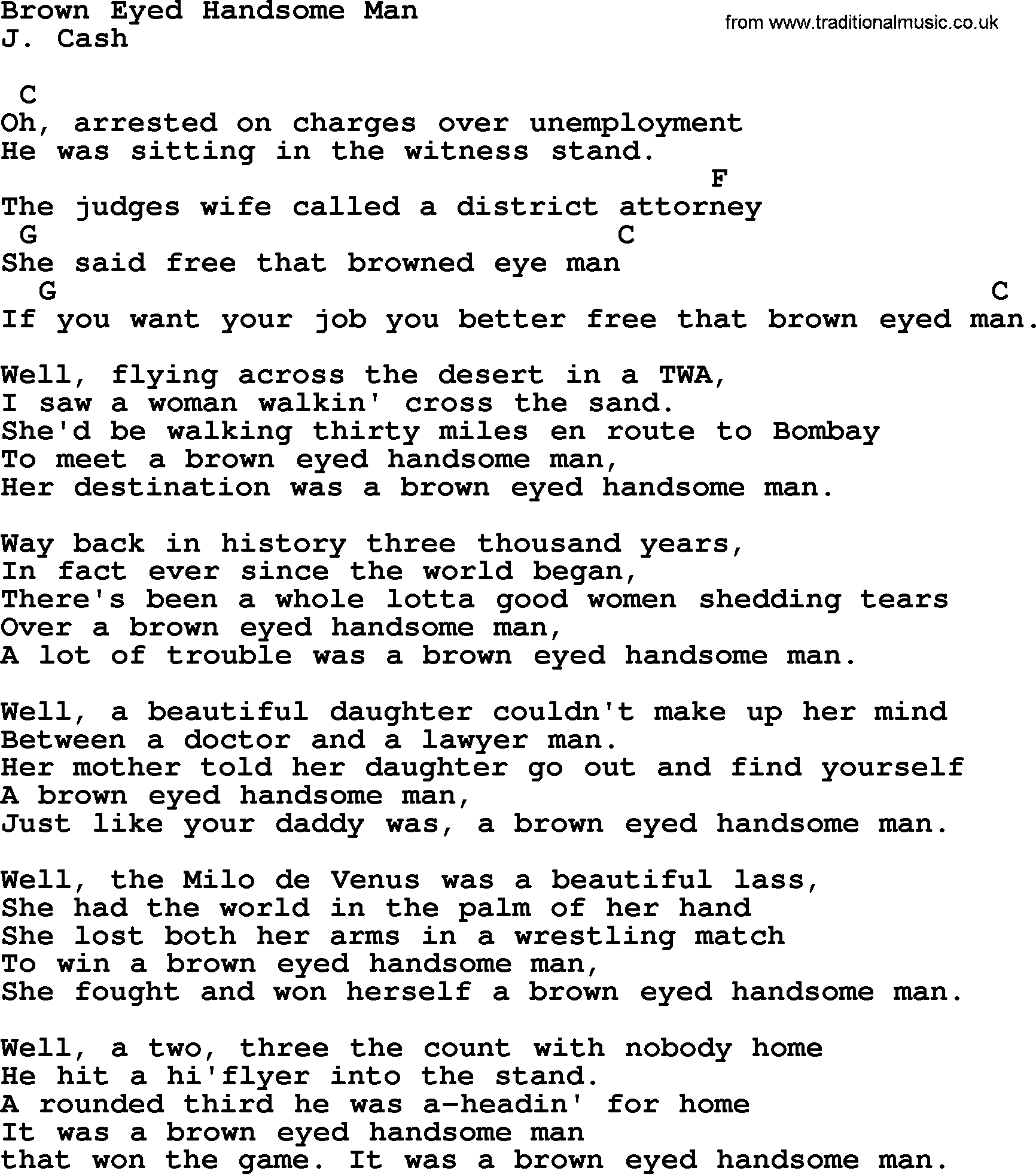 Johnny Cash song Brown Eyed Handsome Man, lyrics and chords