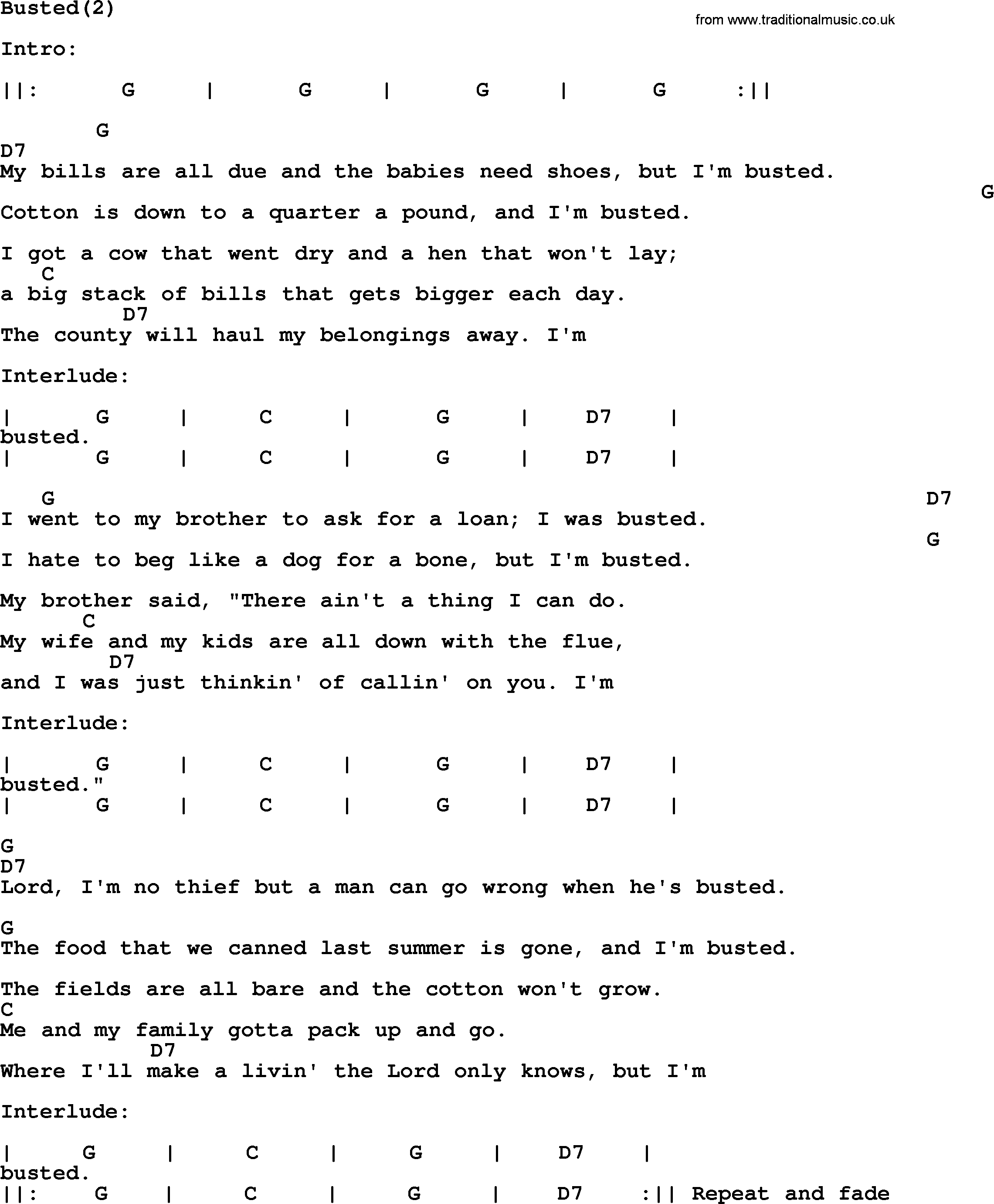 Johnny Cash song Busted(2), lyrics and chords