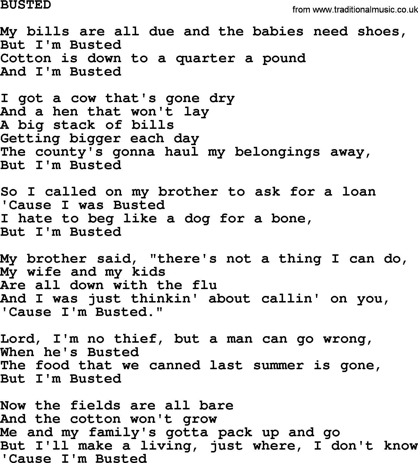 Johnny Cash song Busted.txt lyrics