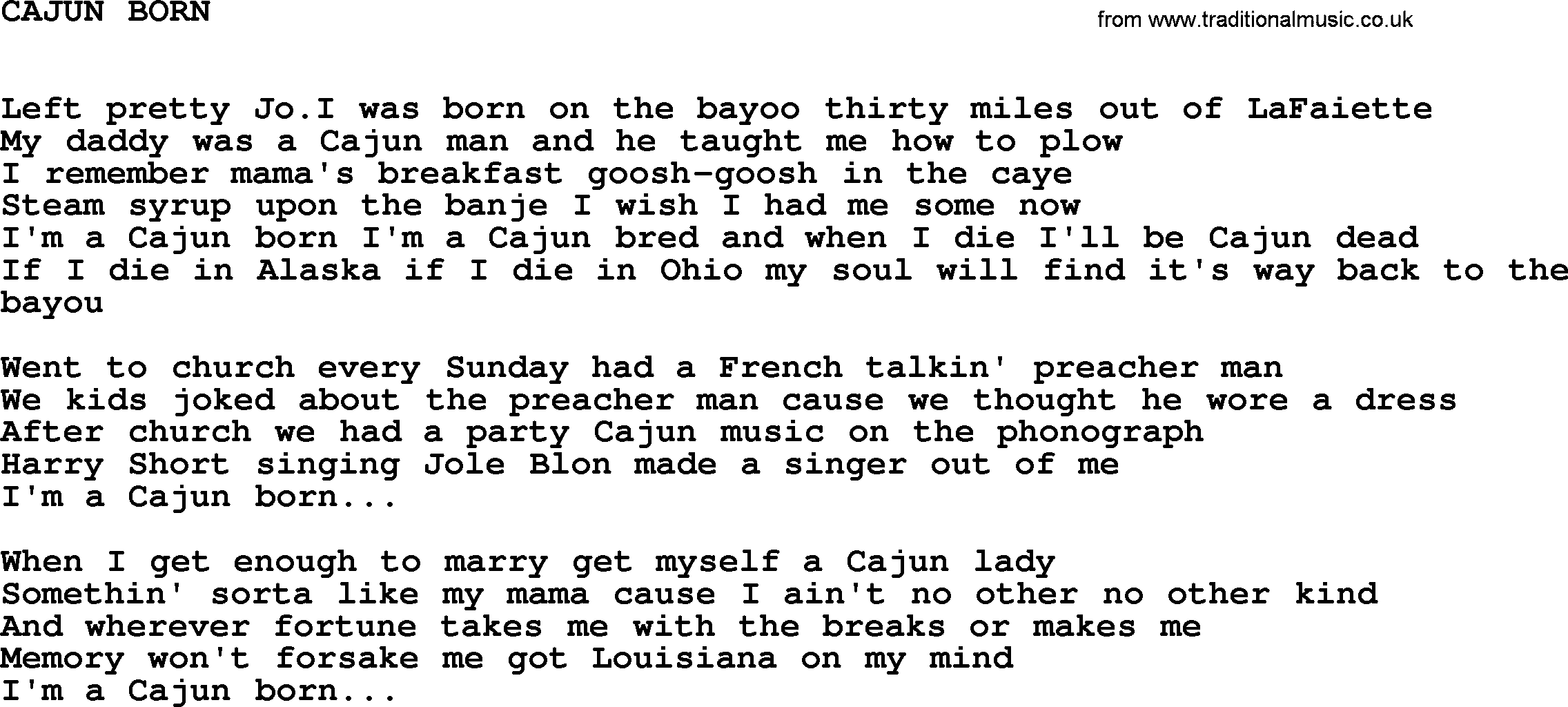 Johnny Cash song Cajun Born.txt lyrics