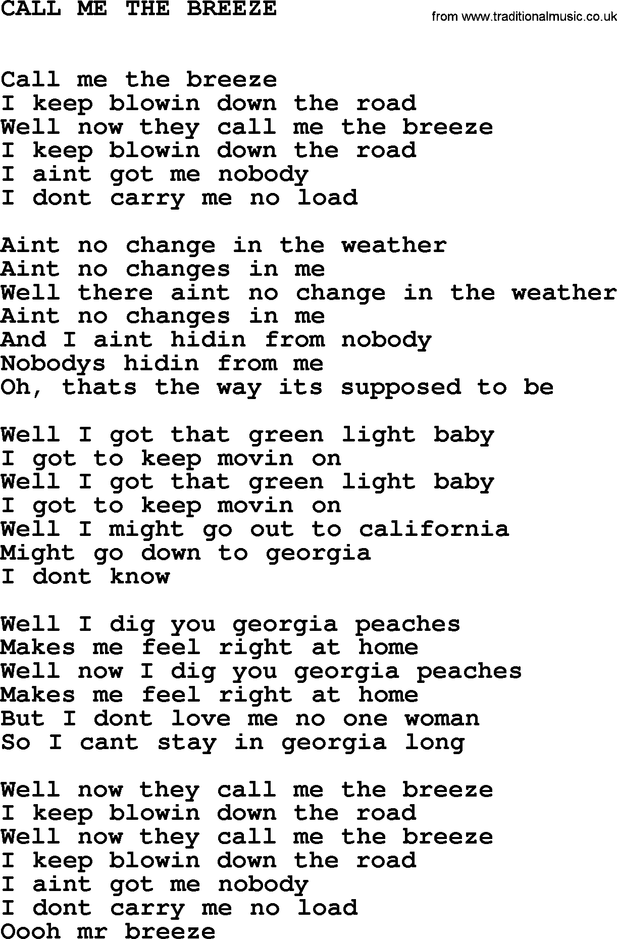 Johnny Cash song Call Me The Breeze.txt lyrics