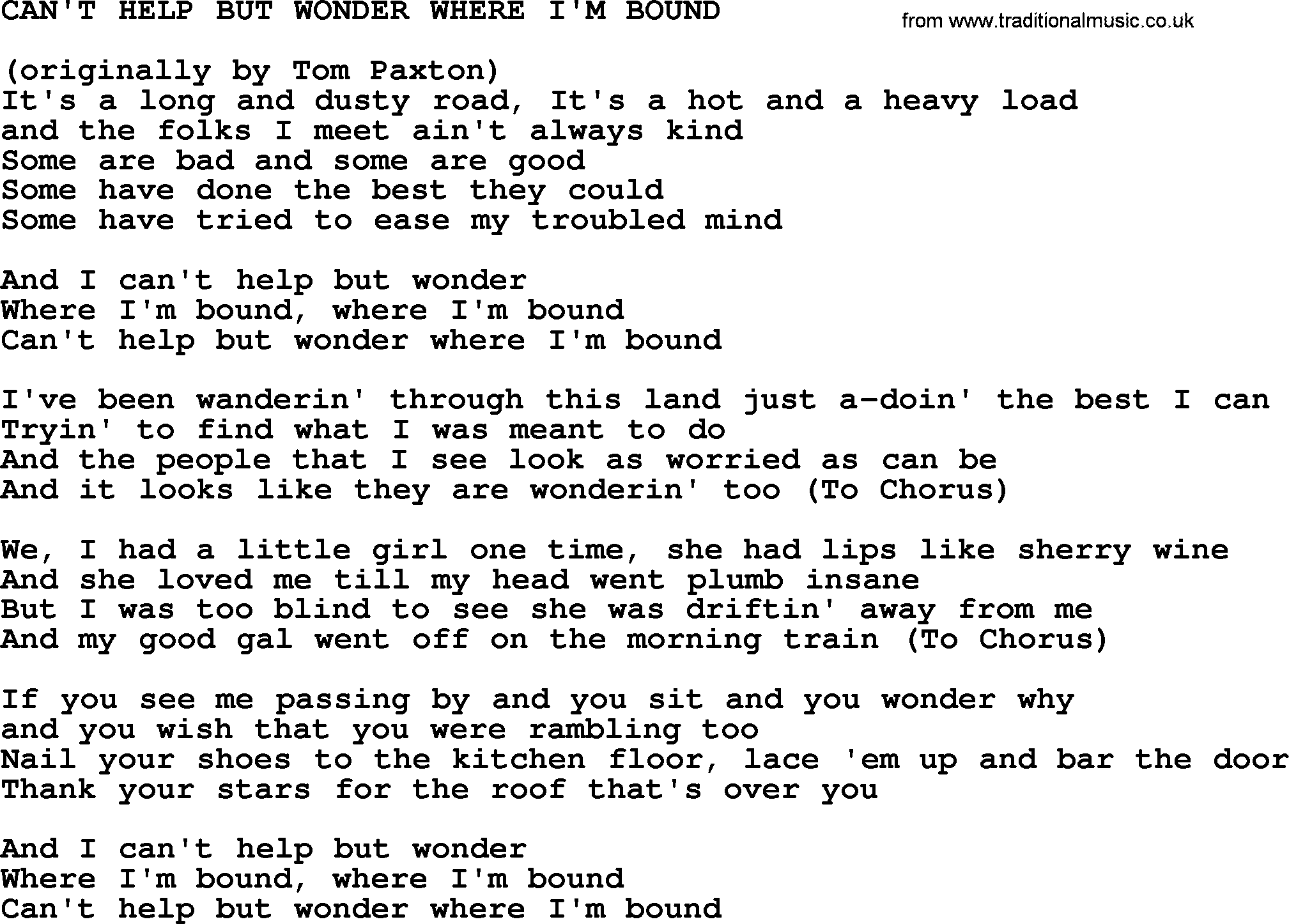 Johnny Cash song Can't Help But Wonder Where I'm Bound.txt lyrics
