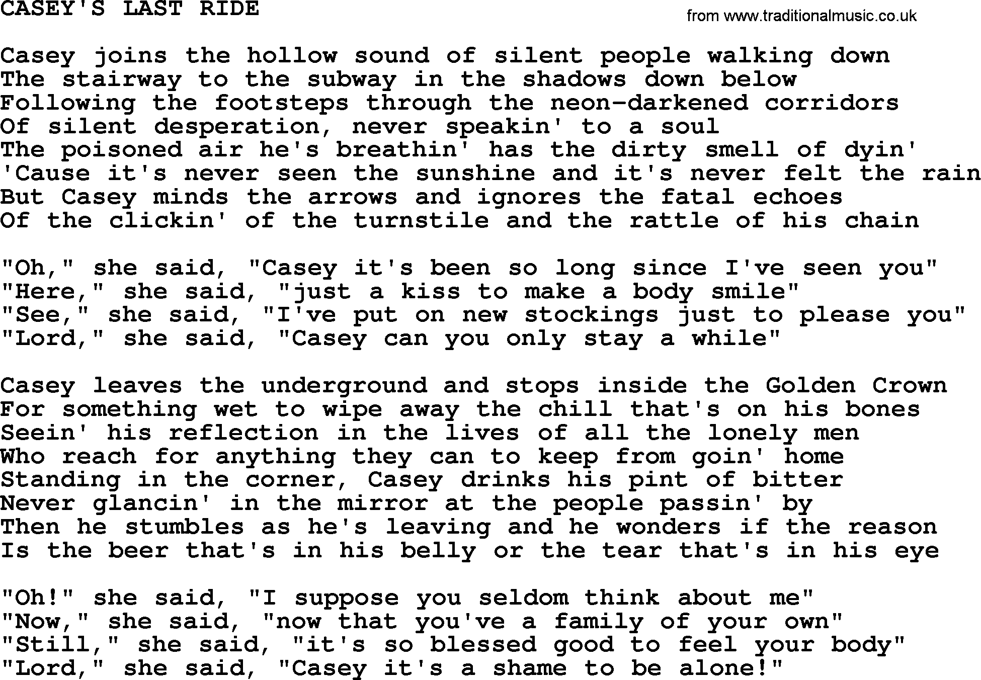 Johnny Cash song Casey's Last Ride.txt lyrics