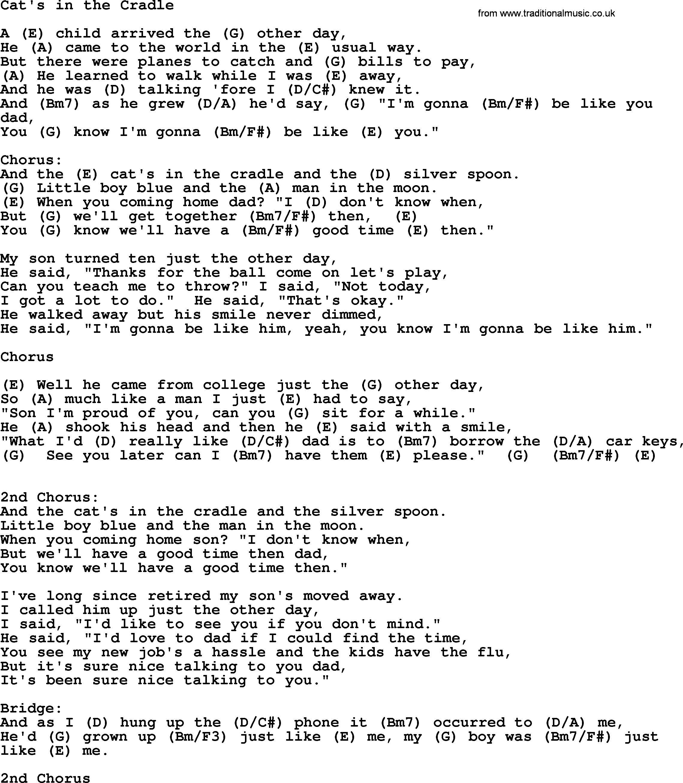Johnny Cash song Cat's In The Cradle, lyrics and chords