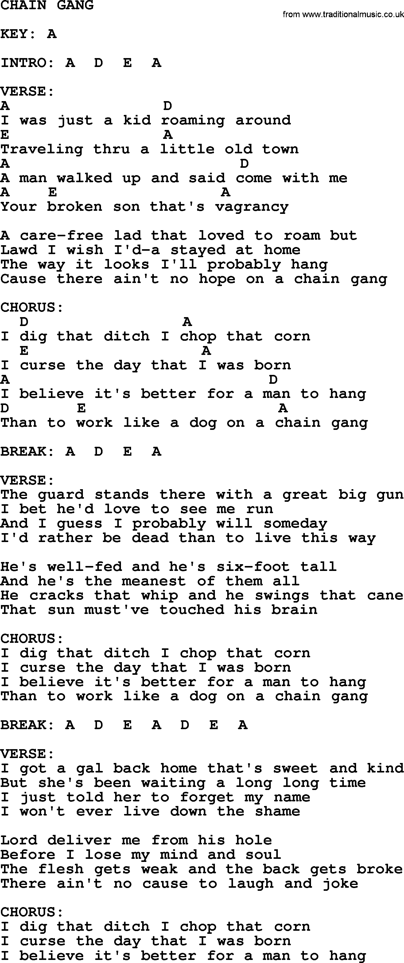 Johnny Cash song Chain Gang, lyrics and chords