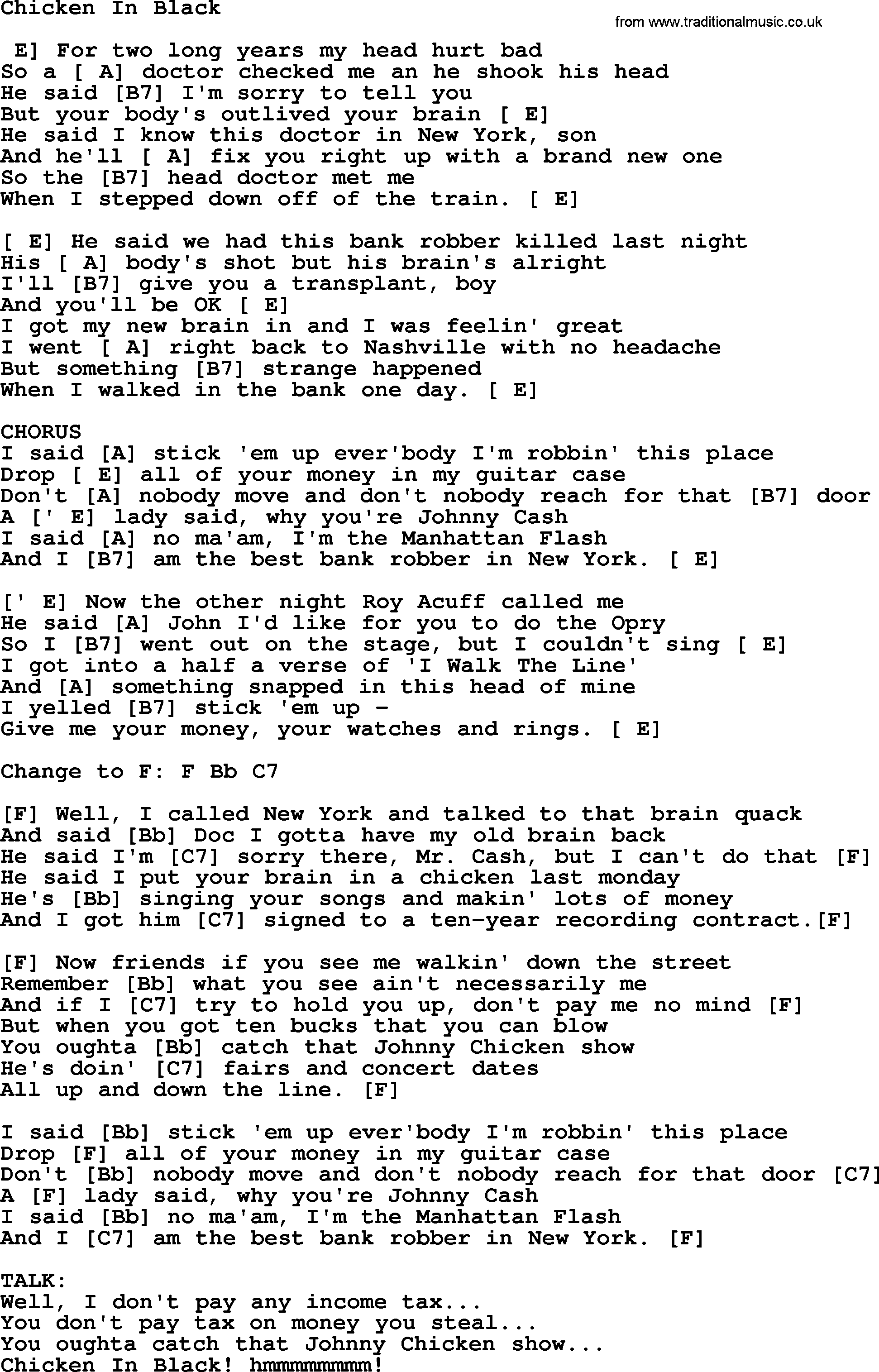Johnny Cash song Chicken In Black, lyrics and chords