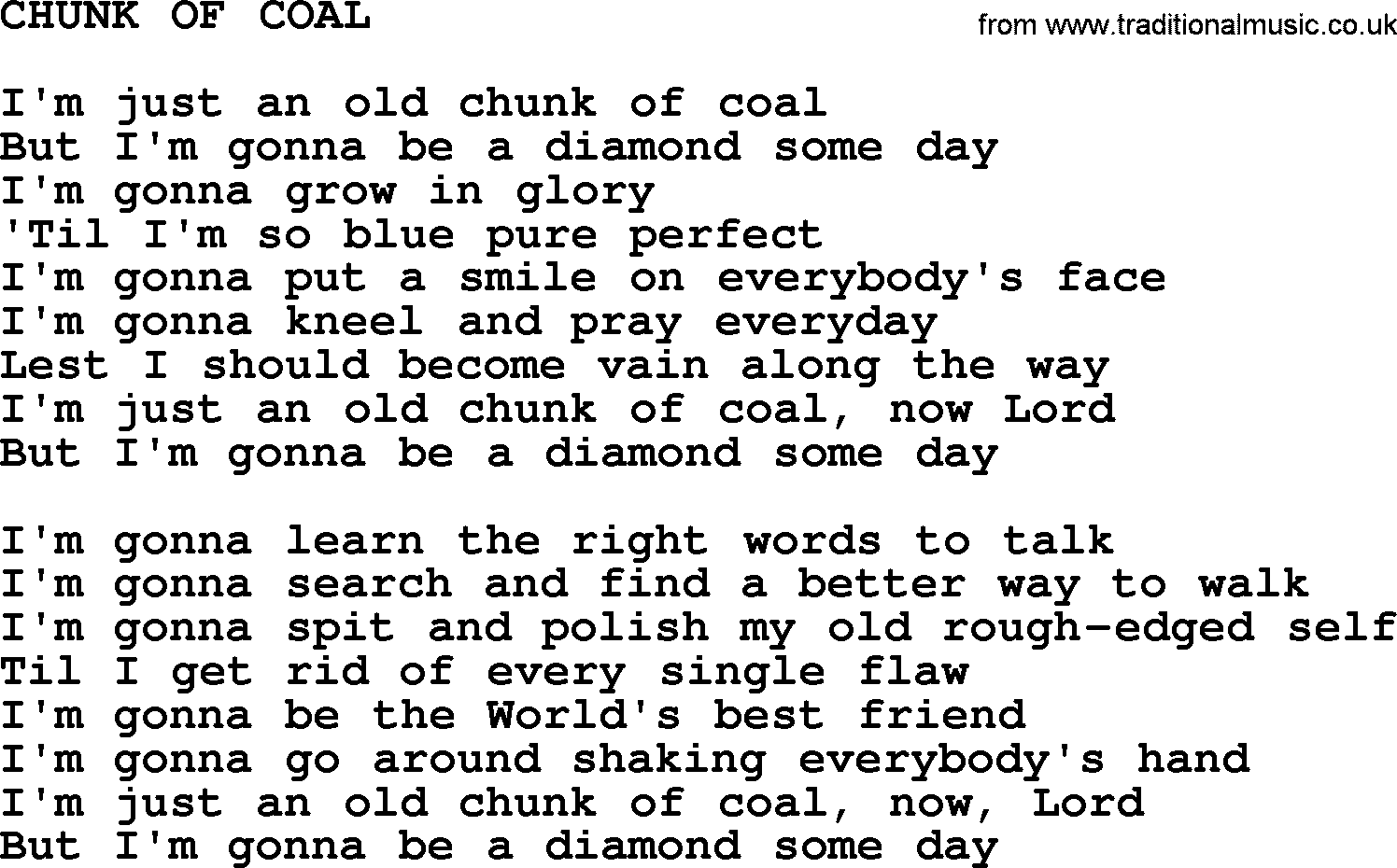 Johnny Cash song Chunk Of Coal.txt lyrics