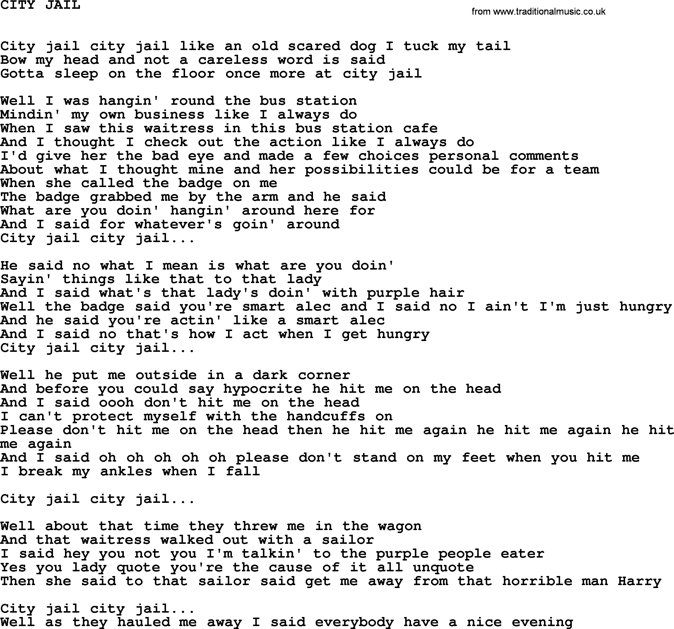 Johnny Cash song City Jail.txt lyrics