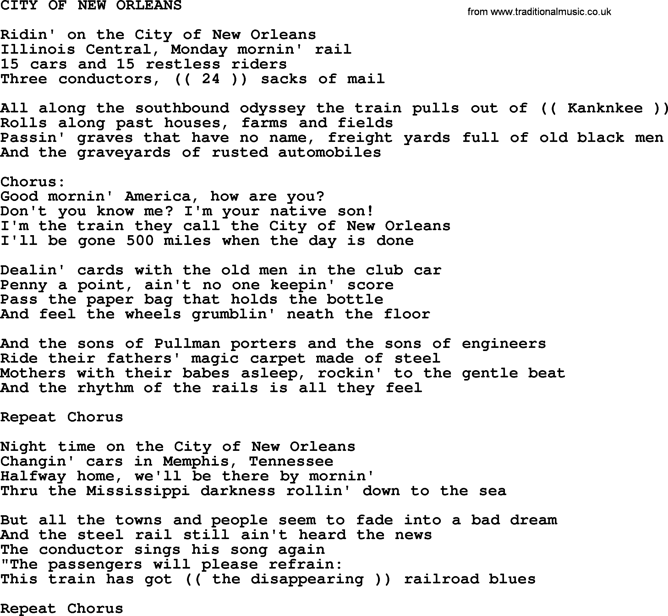 Johnny Cash song City Of New Orleans.txt lyrics