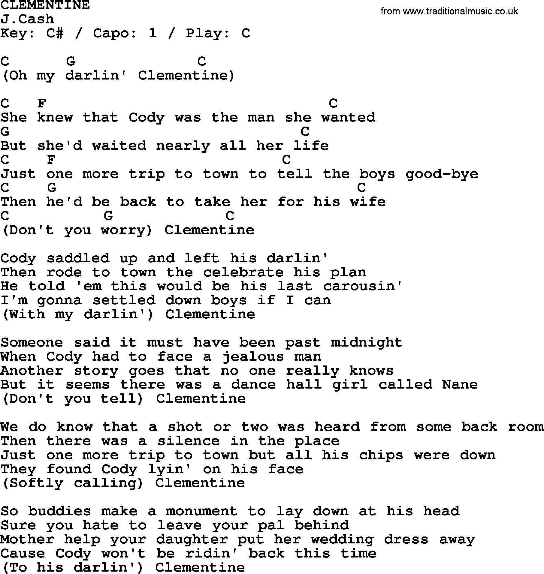 Johnny Cash song Clementine, lyrics and chords