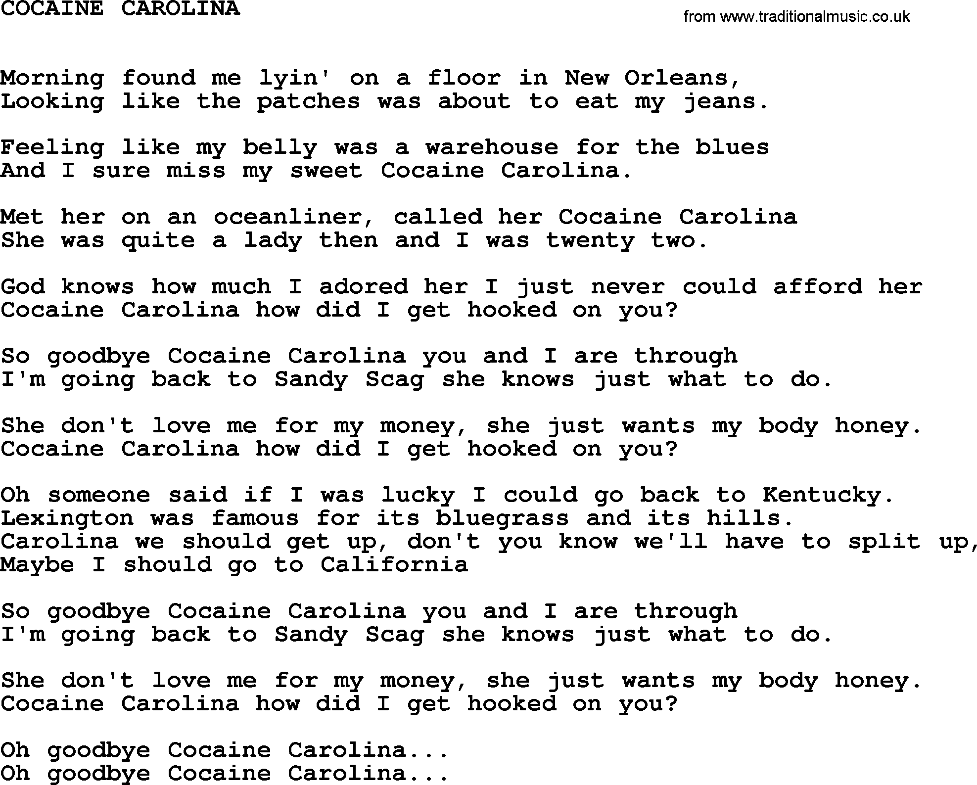 Johnny Cash song Cocaine Carolina.txt lyrics
