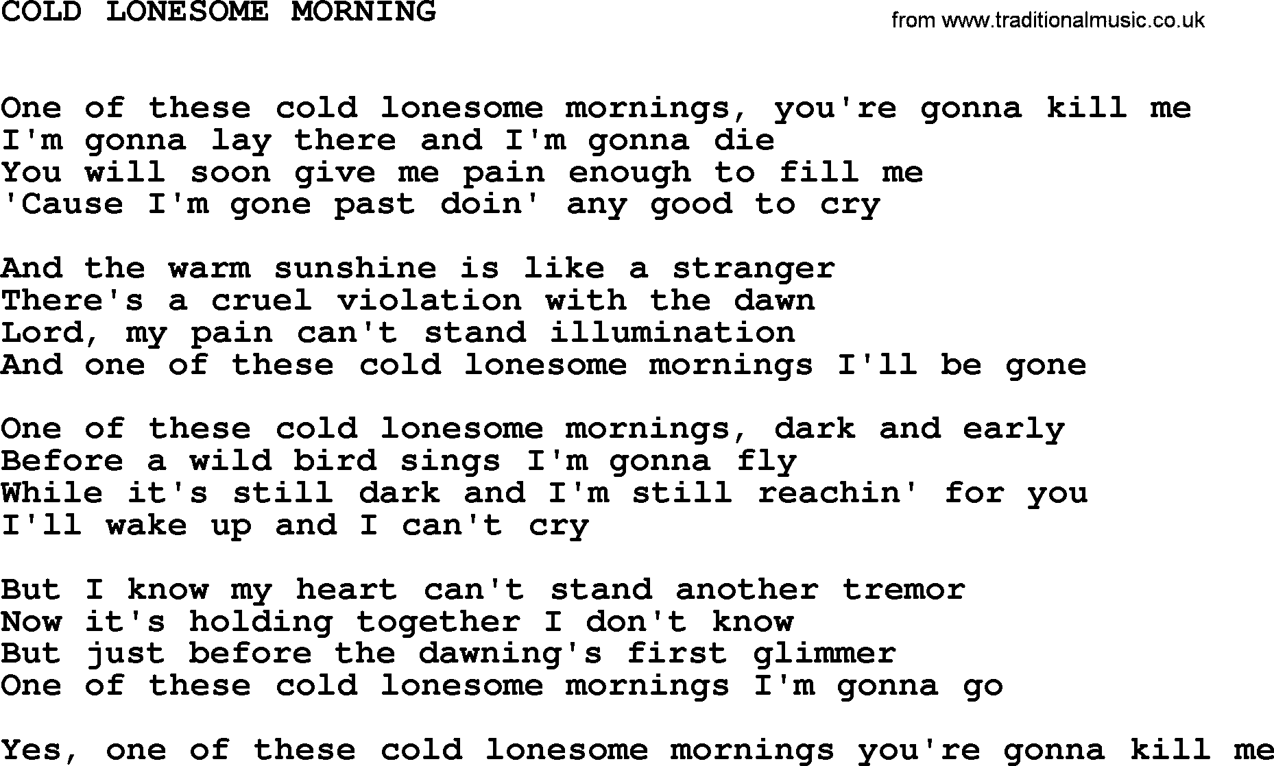 Johnny Cash song Cold Lonesome Morning.txt lyrics
