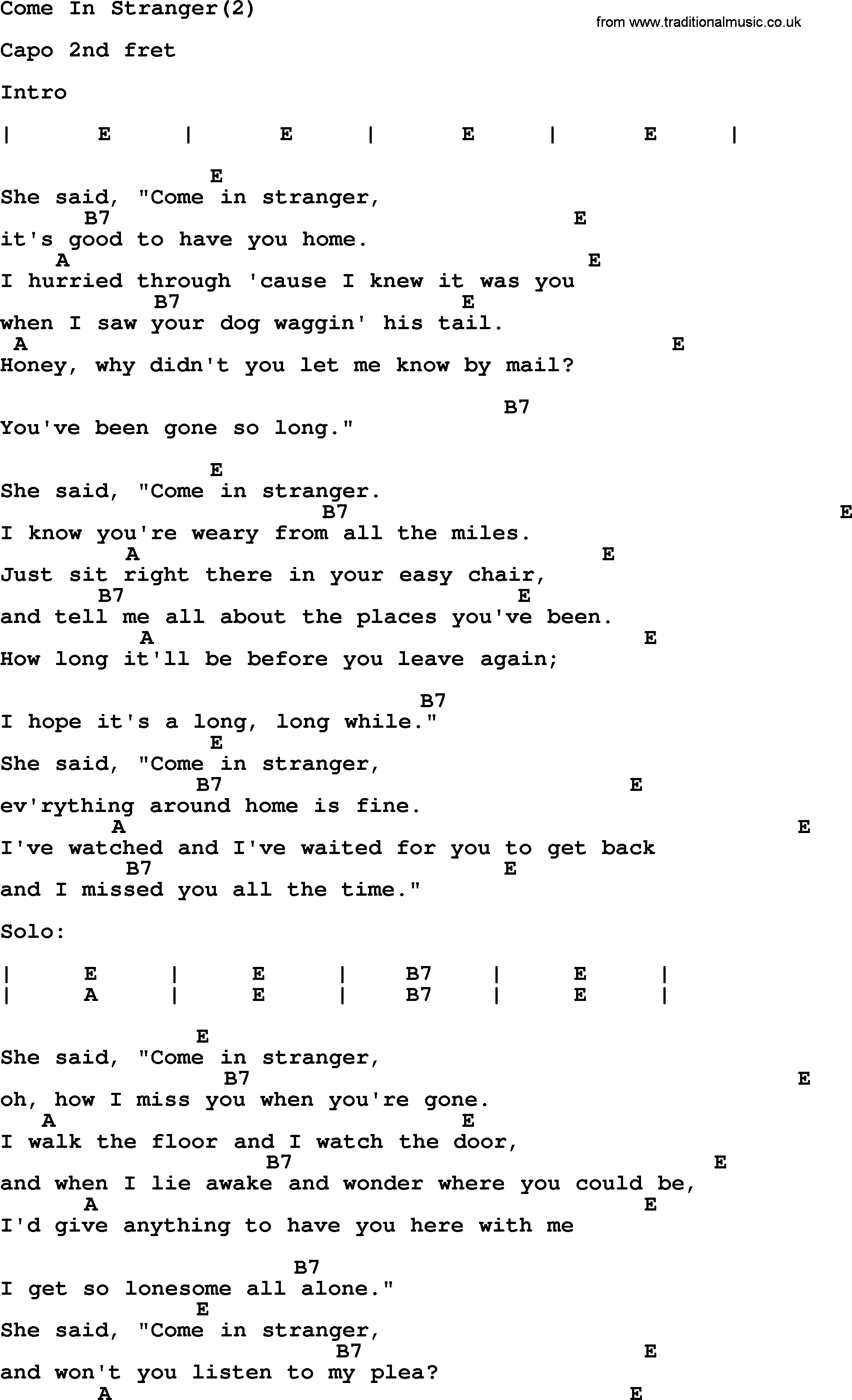 Johnny Cash song Come In Stranger(2), lyrics and chords