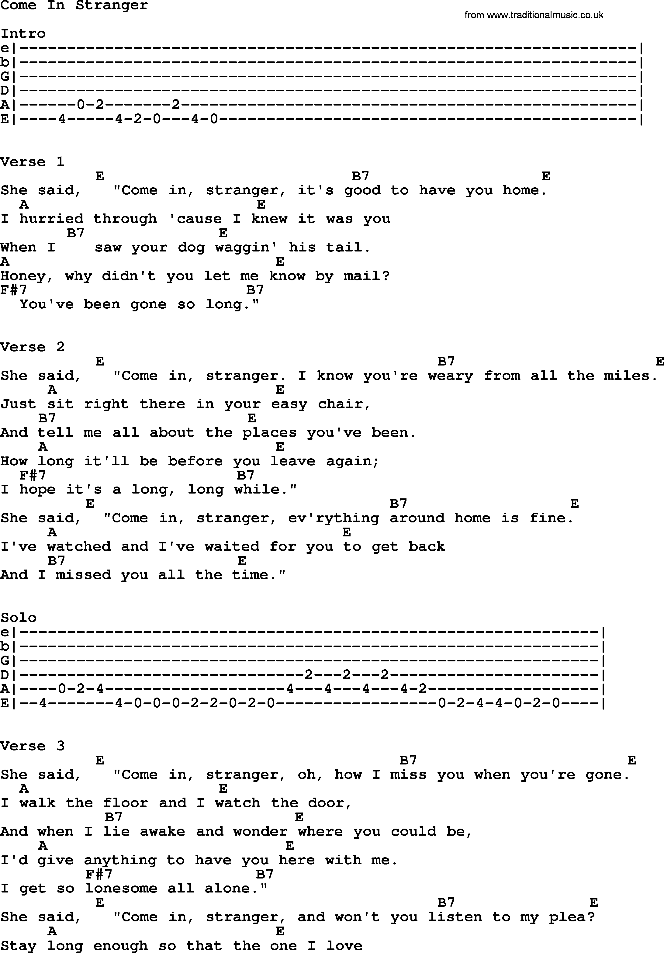 Johnny Cash song Come In Stranger, lyrics and chords
