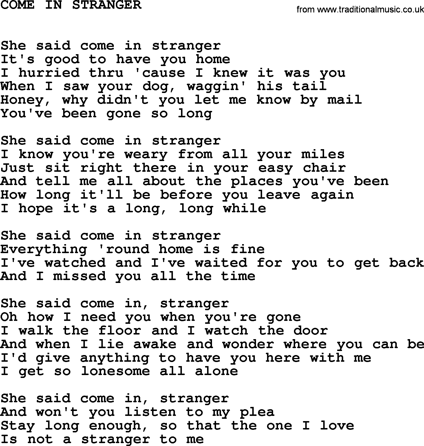 Johnny Cash song Come In Stranger.txt lyrics