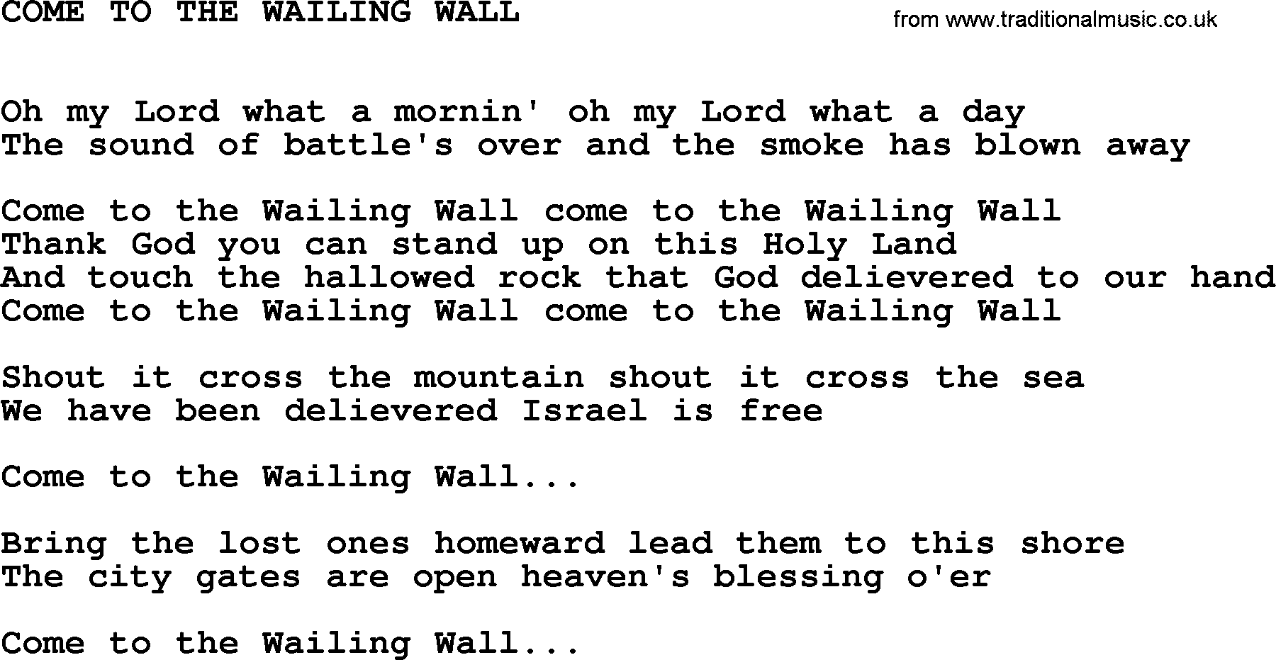 Johnny Cash song Come To The Wailing Wall.txt lyrics
