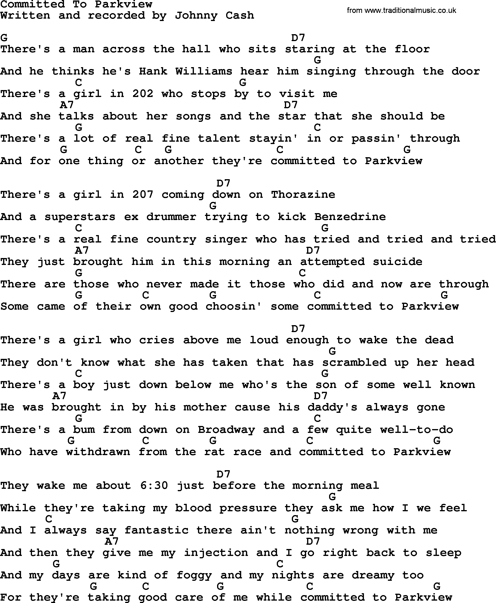 Johnny Cash song Committed To Parkview, lyrics and chords