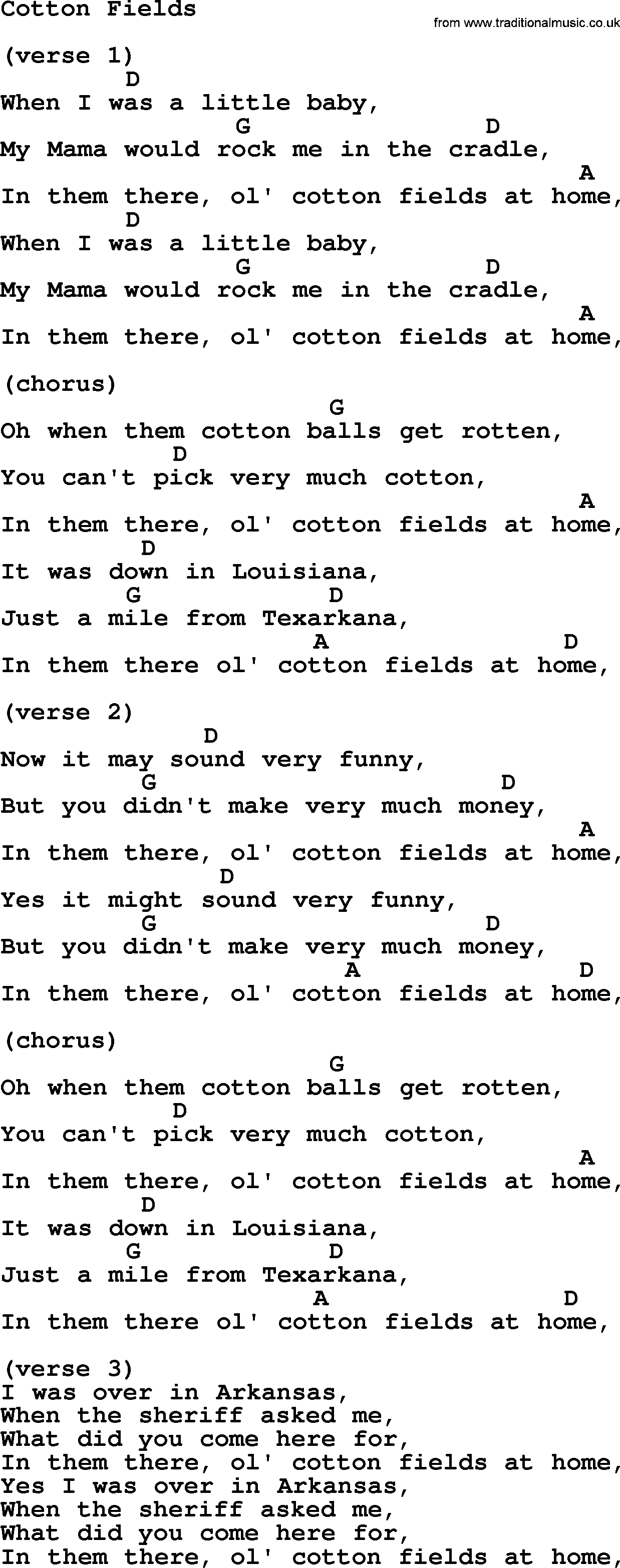 Johnny Cash song Cotton Fields, lyrics and chords