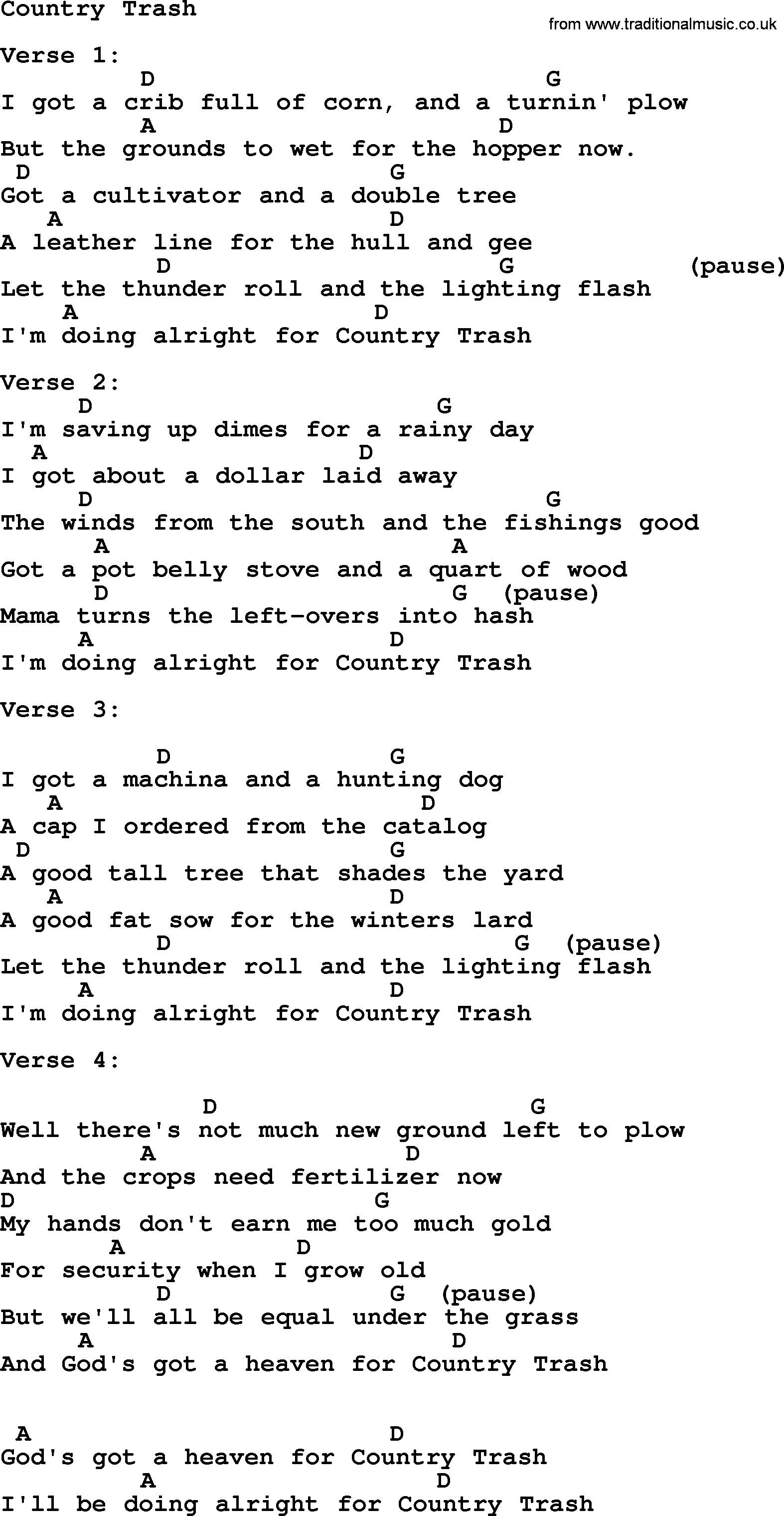 Johnny Cash song Country Trash, lyrics and chords