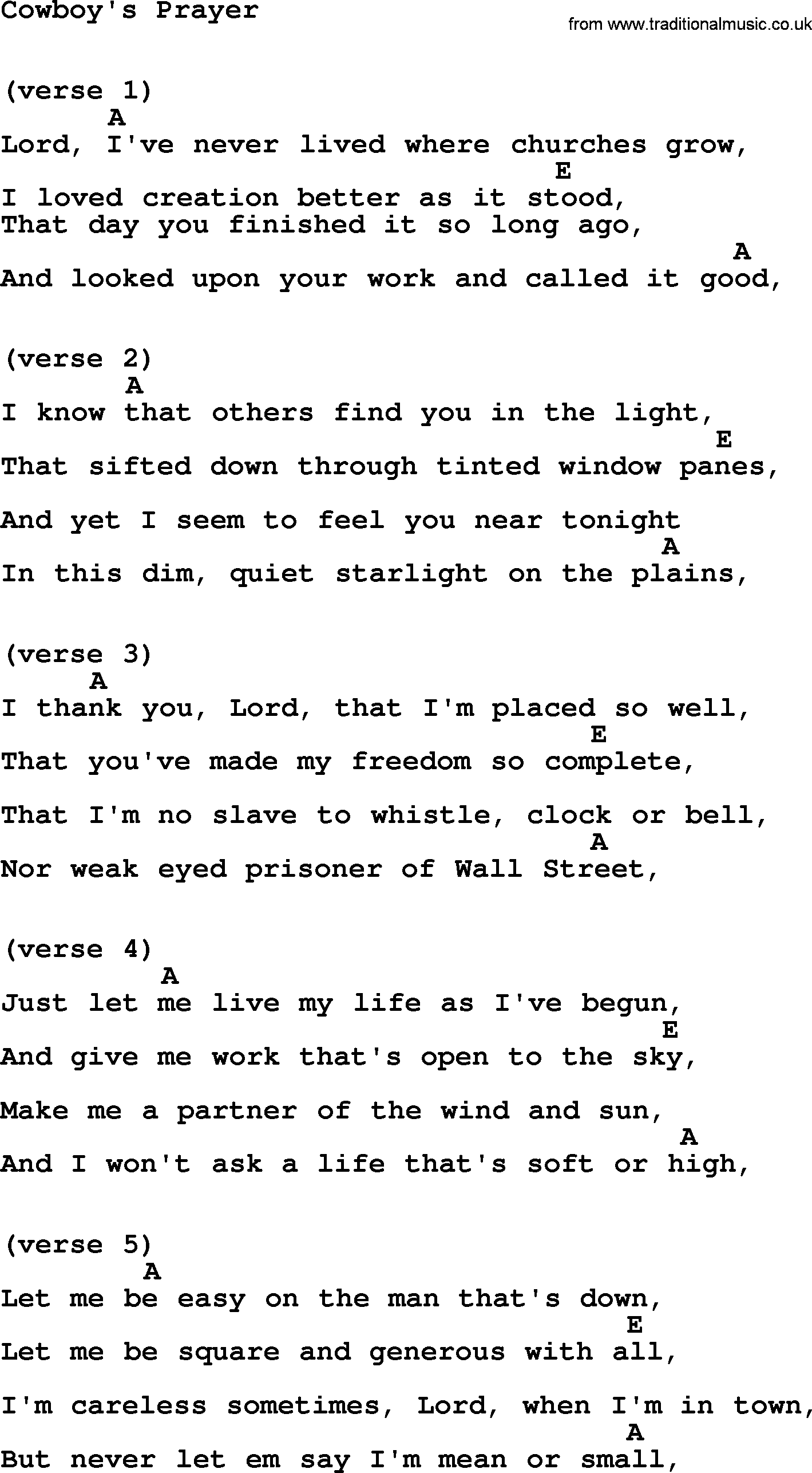 Johnny Cash song Cowboy's Prayer, lyrics and chords