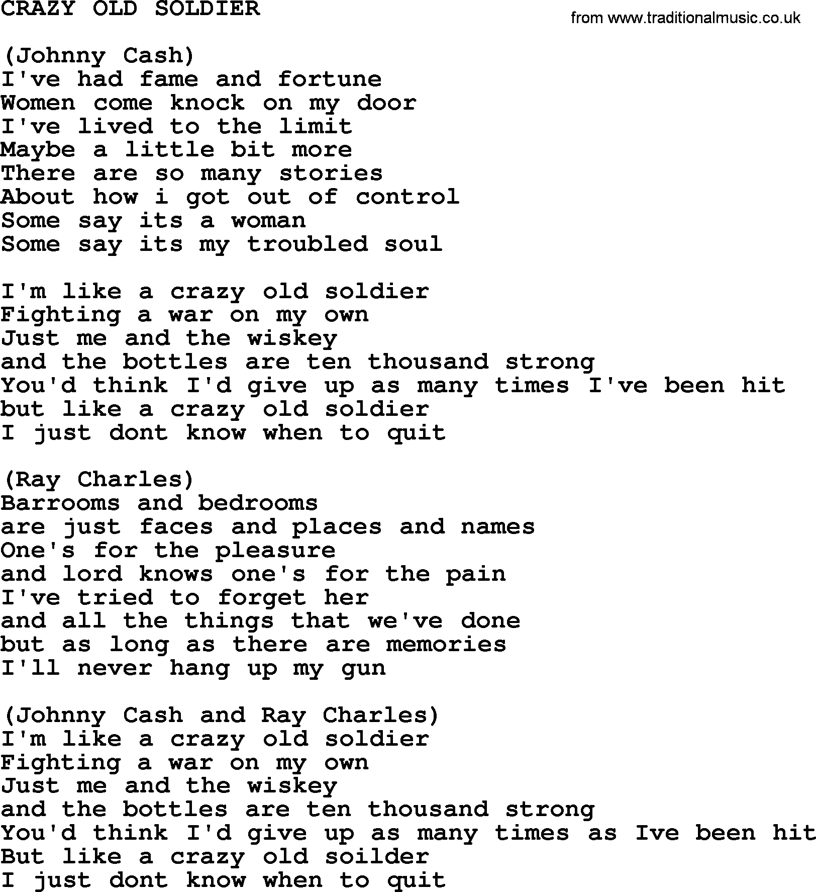 Johnny Cash song Crazy Old Soldier.txt lyrics
