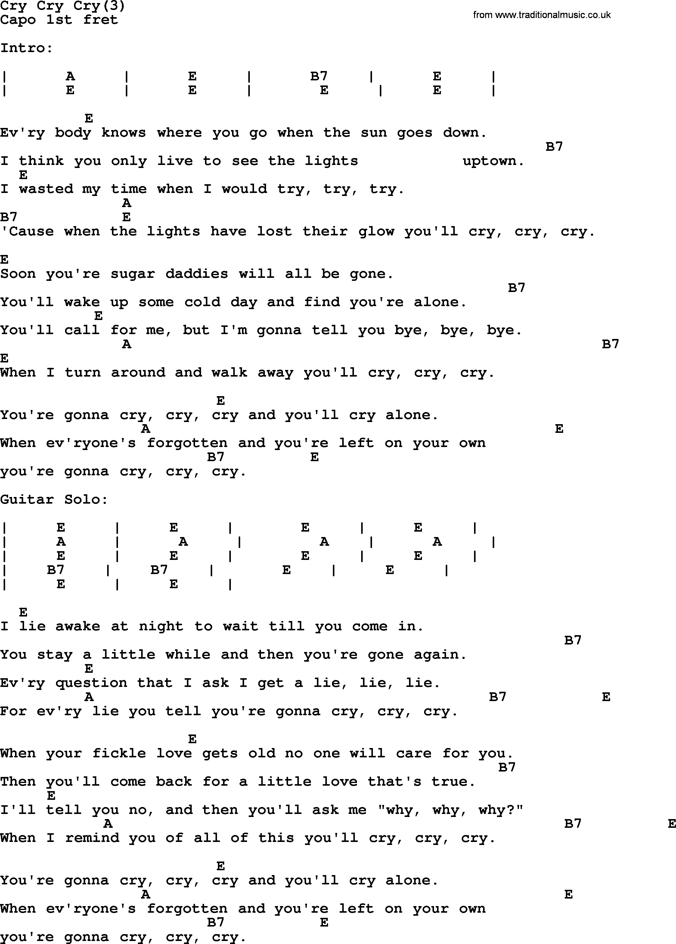 Johnny Cash song Cry Cry Cry(3), lyrics and chords