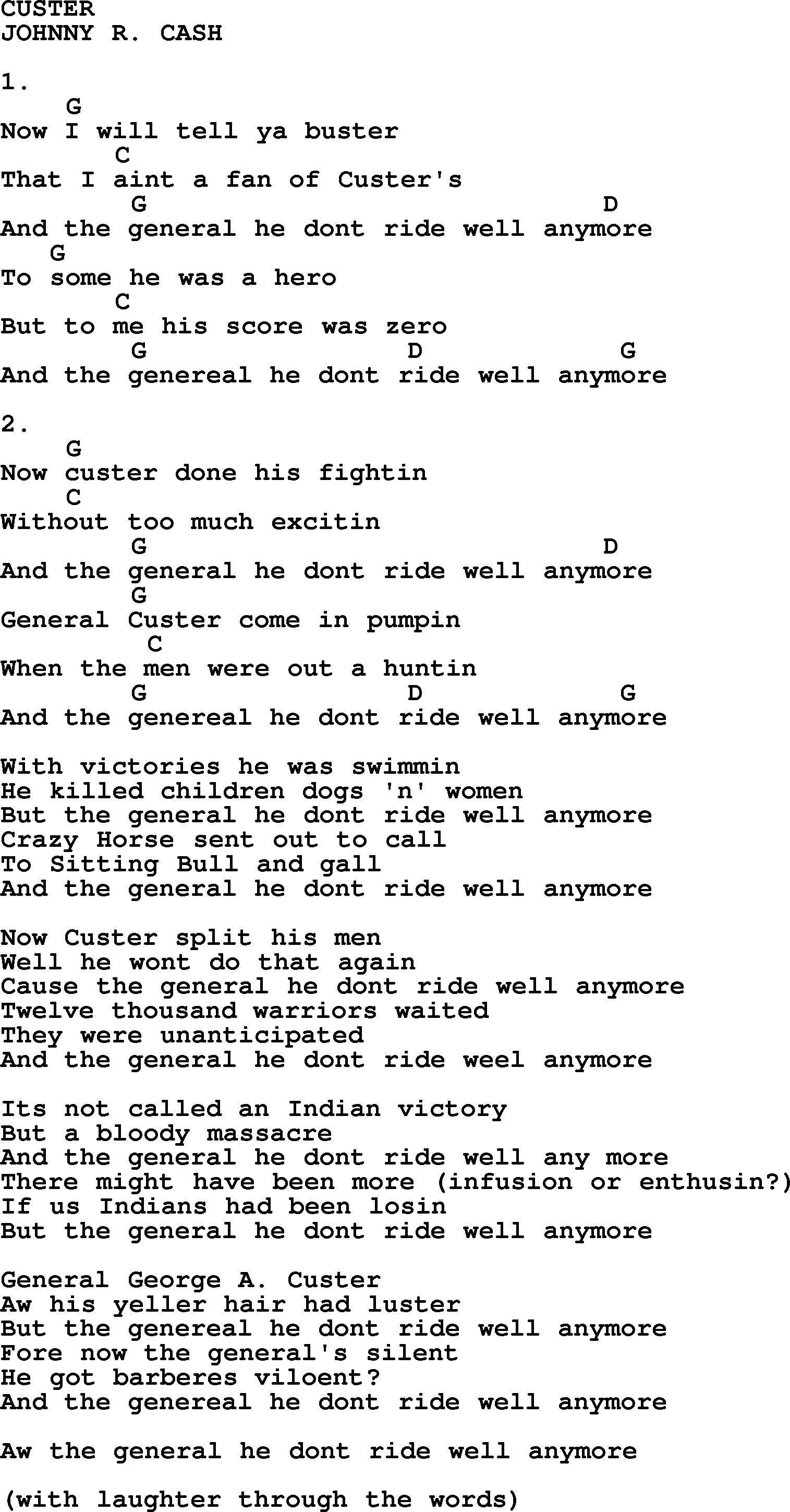 Johnny Cash song Custer, lyrics and chords
